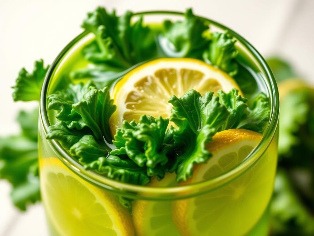 Vibrant green kale leaves, their crisp textures illuminated by soft, natural lighting, float gracefully in a transparent glass vessel. Slices of bright yellow lemon, their zests glistening, are submerged within the cool, verdant liquid, releasing their tangy essence. The composition is simple yet elegant, capturing the essence of a refreshing, detoxifying kale and lemon juice. A subtle reflection on the glass surface adds depth, while the overall scene conveys a sense of purity and rejuvenation. The image should inspire a feeling of health and vitality, reflecting the natural goodness of this nourishing elixir. Vibrant green kale leaves, their crisp textures illuminated by soft, natural lighting, float gracefully in a transparent glass vessel. Slices of bright yellow lemon, their zests glistening, are submerged within the cool, verdant liquid, releasing their tangy essence. The composition is simple yet elegant, capturing the essence of a refreshing, detoxifying kale and lemon juice. A subtle reflection on the glass surface adds depth, while the overall scene conveys a sense of purity and rejuvenation. The image should inspire a feeling of health and vitality, reflecting the natural goodness of this nourishing elixir.