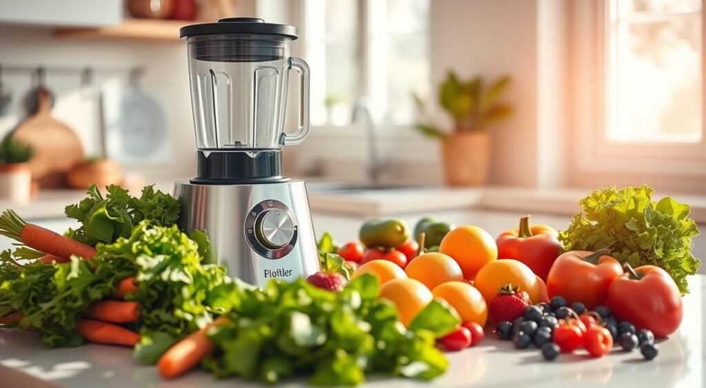 A bright and airy kitchen countertop, bathed in warm natural light from a nearby window. On the surface, an assortment of fresh, vibrant fruits and vegetables - leafy greens, crisp carrots, juicy oranges, and ripe berries. A high-powered blender stands ready, its gleaming chrome body and clear pitcher promising the creation of a nutrient-rich, rejuvenating juice. The scene is calm and inviting, exuding a sense of wellness and vitality. A gentle breeze ruffles the leaves, hinting at the refreshing, invigorating beverage about to be prepared. A bright and airy kitchen countertop, bathed in warm natural light from a nearby window. On the surface, an assortment of fresh, vibrant fruits and vegetables - leafy greens, crisp carrots, juicy oranges, and ripe berries. A high-powered blender stands ready, its gleaming chrome body and clear pitcher promising the creation of a nutrient-rich, rejuvenating juice. The scene is calm and inviting, exuding a sense of wellness and vitality. A gentle breeze ruffles the leaves, hinting at the refreshing, invigorating beverage about to be prepared.