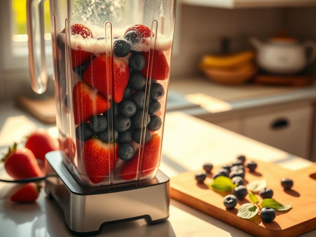 A bright, sunny kitchen scene. On the counter, a blender filled with vibrant red strawberries and plump, deep blue blueberries. Rays of warm light stream in through a nearby window, casting a soft glow over the scene. The blender's blades whir to life, effortlessly blending the fresh fruit into a smooth, frothy liquid. The air is filled with the sweet, tangy aroma of the berries. In the background, a wooden cutting board holds a few stray berries and a small pile of freshly washed leaves. The overall mood is one of health, vitality, and the simple pleasure of homemade fruit juice. Uma cena de cozinha iluminada e ensolarada. Sobre o balcão, um liquidificador repleto de morangos vermelhos vibrantes e mirtilos carnudos e de um azul profundo. Raios de luz quente entram por uma janela próxima, lançando um brilho suave sobre a cena. As lâminas do liquidificador giram, transformando sem esforço as frutas frescas em um líquido suave e espumoso. O ar se enche do aroma doce e picante das frutas vermelhas. Ao fundo, uma tábua de corte de madeira contém algumas frutas vermelhas e uma pequena pilha de folhas recém-lavadas. O clima geral é de saúde, vitalidade e o simples prazer de um suco de fruta caseiro.