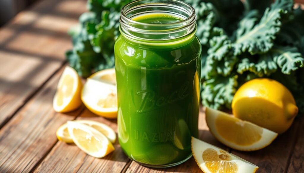 A clear glass jar filled with a vibrant green detox juice, surrounded by fresh lemon slices, crisp apple wedges, and bunches of leafy kale on a rustic wooden table. Soft natural lighting casts gentle shadows, highlighting the juice's inviting hue. The scene exudes a sense of health, vitality, and careful preservation, reflecting the essence of "conservação do suco detox". Um frasco de vidro transparente cheio de um suco detox verde vibrante, rodeado por fatias de limão fresco, fatias de maçã crocantes e maços de couve em uma mesa rústica de madeira. A iluminação natural suave projeta sombras suaves, realçando a tonalidade convidativa do suco. O cenário exala uma sensação de saúde, vitalidade e preservação cuidadosa, refletindo a essência da "conservação do suco detox".