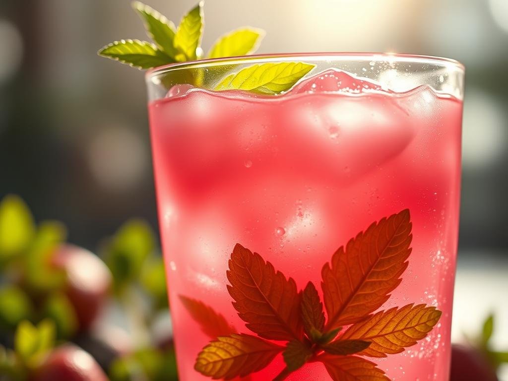 A close-up view of a glass filled with a refreshing, vibrant pink strawberry and mint juice, garnished with fresh mint leaves. The sunlight filters through the glass, creating a warm, inviting glow. The surface of the liquid is slightly frothy, with a few ice cubes gently floating, emphasizing the chilled, thirst-quenching nature of the beverage. The background is blurred, allowing the drink to be the focal point, showcasing its alluring color and the enticing combination of sweet strawberries and aromatic mint. The overall scene conveys a sense of health, vitality, and summer freshness. Suco de Morango com Hortelã