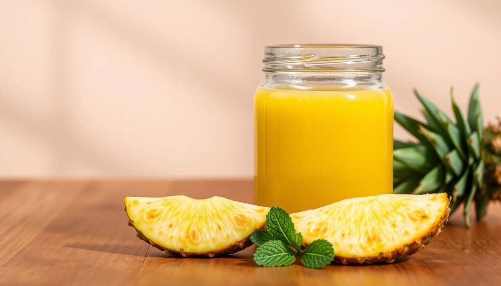 A crystal clear glass jar filled with a vibrant green and yellow natural juice, nestled on a wooden table. The liquid glistens under soft, diffused lighting, casting gentle shadows. In the foreground, a slice of fresh pineapple and a sprig of mint add a touch of tropical flair. The overall scene conveys a sense of health, purity and refreshment, perfectly capturing the essence of "conservação de suco natural". Um frasco de vidro cristalino cheio de um suco natural vibrante em tons de verde e amarelo, aninhado sobre uma mesa de madeira. O líquido brilha sob uma iluminação suave e difusa, projetando sombras suaves. Em primeiro plano, uma fatia de abacaxi fresco e um raminho de hortelã adicionam um toque tropical. O cenário geral transmite uma sensação de saúde, pureza e frescor, capturando perfeitamente a essência da "conservação de suco natural".