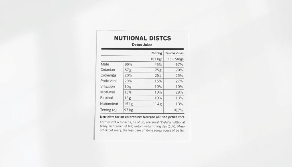 A detailed nutritional information panel for a detox juice, presented in a clean, minimalist style. The panel is centered on a white background, with a soft, diffused lighting that casts subtle shadows. The information is clearly organized, with bold headers and neatly arranged nutrient values. The layout and typography convey a sense of professionalism and health-consciousness, complementing the article's focus on the nutritional benefits of the detox juice ingredients. Um painel detalhado de informações nutricionais para um suco detox, apresentado em um estilo clean e minimalista. O painel está centrado em um fundo branco, com uma iluminação suave e difusa que lança sombras sutis. As informações estão claramente organizadas, com cabeçalhos em negrito e valores de nutrientes dispostos de forma ordenada. O layout e a tipografia transmitem uma sensação de profissionalismo e consciência de saúde, complementando o foco do artigo nos benefícios nutricionais dos ingredientes do suco detox.