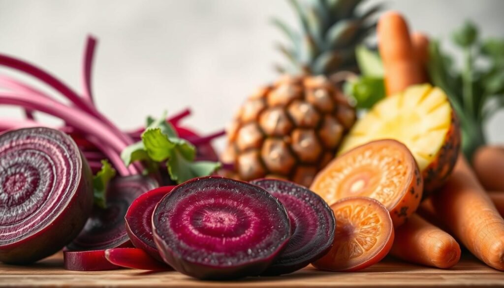 A detailed nutritional profile illustration of detox ingredients. In the foreground, a vibrant arrangement of freshly sliced beets, pineapple, and carrots, illuminated by soft, diffused lighting. The middle ground features a clean, minimalist backdrop, emphasizing the natural textures and colors of the produce. The background subtly blends into a slightly blurred, ethereal setting, evoking a sense of purity and health. The composition is balanced, highlighting the key ingredients in an appetizing, informative manner suitable for an article on a natural detox beverage. Uma ilustração detalhada do perfil nutricional de ingredientes detox. Em primeiro plano, um arranjo vibrante de beterraba, abacaxi e cenoura recém-cortados, iluminados por uma luz suave e difusa. O plano central apresenta um fundo limpo e minimalista, enfatizando as texturas e cores naturais dos produtos. O fundo se funde sutilmente em um cenário ligeiramente desfocado e etéreo, evocando uma sensação de pureza e saúde. A composição é equilibrada, destacando os ingredientes principais de forma apetitosa e informativa, adequada para um artigo sobre uma bebida natural detox.
