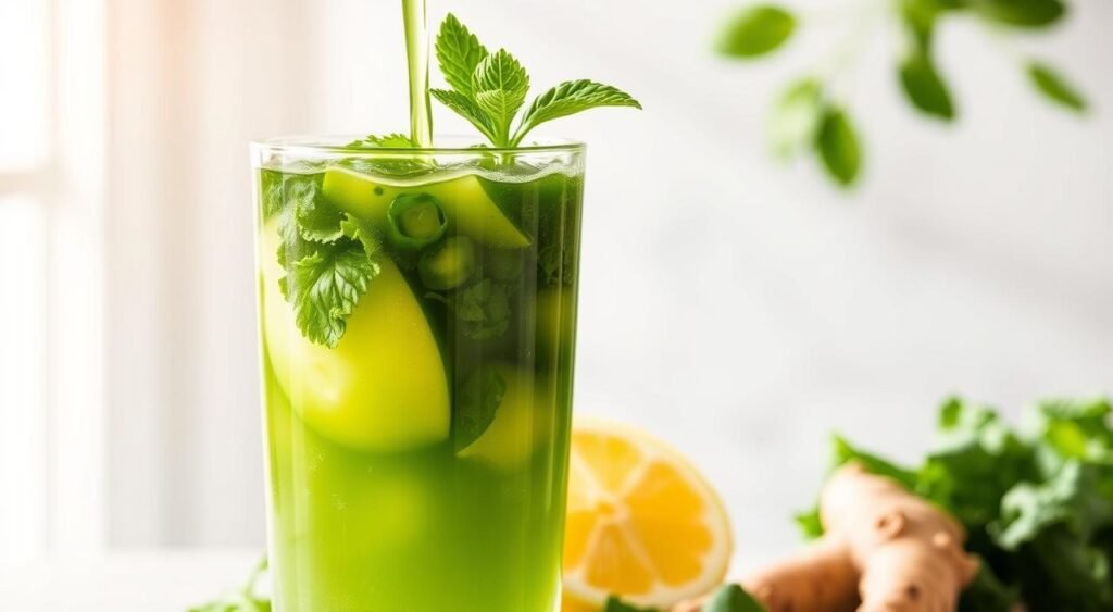 A fresh, vibrant detox juice made with a combination of crisp green apples, earthy kale, zesty lemon, and invigorating ginger. The juice is poured into a clear glass against a backdrop of natural light, with a few stray leaves and a sprig of mint adding a touch of organic elegance. The overall composition evokes a sense of health, vitality, and a renewed commitment to wellness, perfectly capturing the essence of incorporating detox juices into a weight loss diet. A fresh, vibrant detox juice made with a combination of crisp green apples, earthy kale, zesty lemon, and invigorating ginger. The juice is poured into a clear glass against a backdrop of natural light, with a few stray leaves and a sprig of mint adding a touch of organic elegance. The overall composition evokes a sense of health, vitality, and a renewed commitment to wellness, perfectly capturing the essence of incorporating detox juices into a weight loss diet.