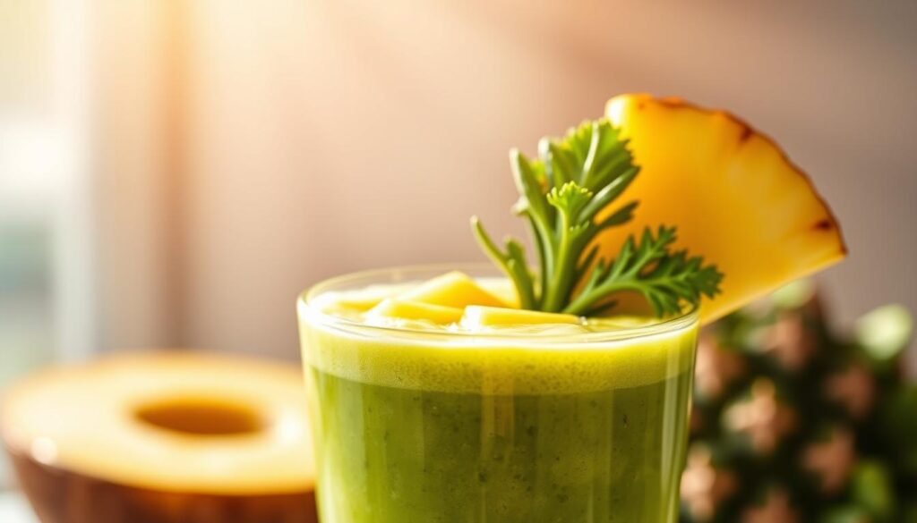 A glass of fresh, vibrant green detox smoothie made with coconut water, pineapple, and kale. Sunlight streams through the glass, casting a warm, natural glow. The smoothie's frothy surface is topped with a few pineapple slices and a sprig of kale, adding a touch of rustic elegance. The background is blurred, allowing the smoothie to take center stage and showcase its health benefits. The overall mood is one of wellness, vitality, and nourishment. Um copo de smoothie detox verde, fresco e vibrante, feito com água de coco, abacaxi e couve. A luz do sol atravessa o copo, criando um brilho quente e natural. A superfície espumosa do smoothie é coberta com algumas fatias de abacaxi e um raminho de couve, adicionando um toque de elegância rústica. O fundo é desfocado, permitindo que o smoothie ocupe o centro das atenções e exiba seus benefícios à saúde. O clima geral é de bem-estar, vitalidade e nutrição.