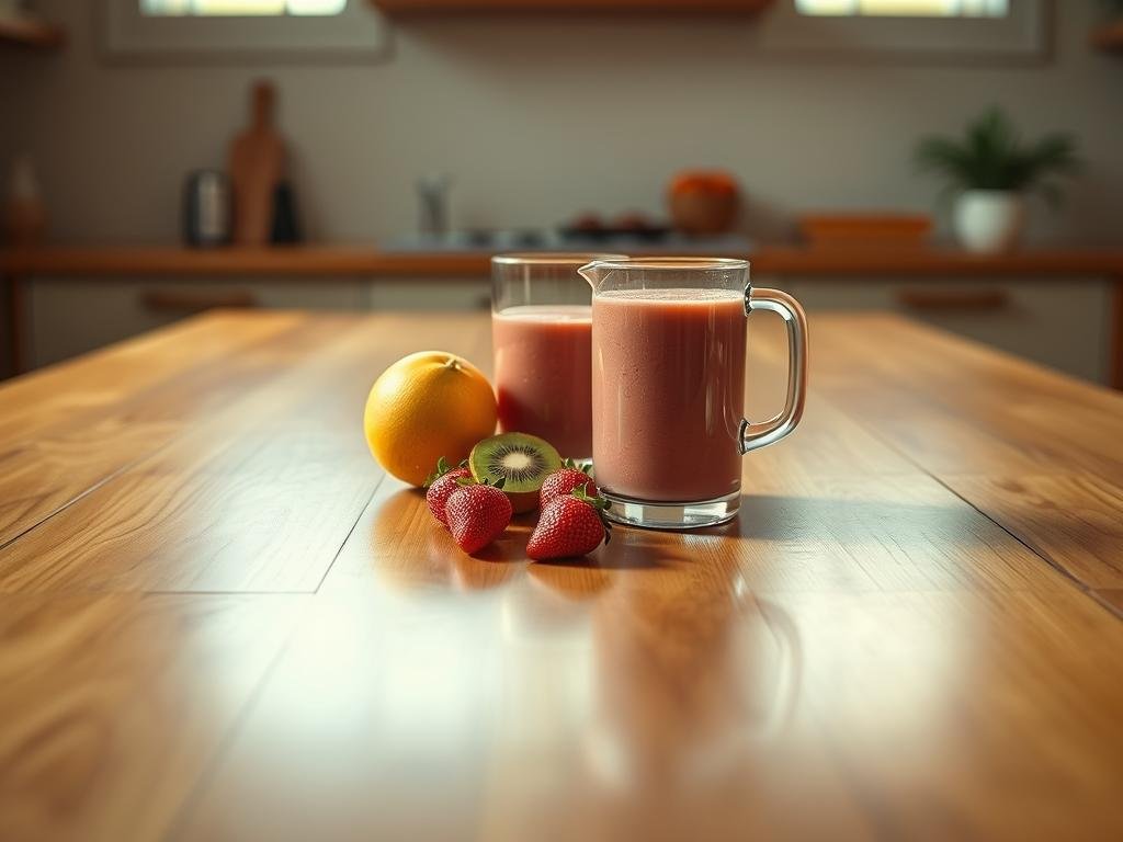 A large wooden table, its surface gleaming, serves as the stage for the preparation of a vibrant, nourishing smoothie. In the foreground, ripe strawberries and a golden kiwi fruit sit alongside a glass pitcher, inviting the viewer to witness the creation of this refreshing blend. Soft, natural lighting filters in, casting a warm glow on the scene and highlighting the vibrant colors of the ingredients. The arrangement is clean and minimal, allowing the fresh produce to take center stage. The overall atmosphere is one of simplicity, healthfulness, and the joy of crafting a homemade, nutritious treat. Uma grande mesa de madeira, com sua superfície reluzente, serve de palco para o preparo de um smoothie vibrante e nutritivo. Em primeiro plano, morangos maduros e um kiwi dourado repousam ao lado de uma jarra de vidro, convidando o espectador a testemunhar a criação desta mistura refrescante. Uma luz suave e natural se infiltra, lançando um brilho acolhedor sobre a cena e destacando as cores vibrantes dos ingredientes. O arranjo é limpo e minimalista, permitindo que os produtos frescos sejam o centro das atenções. A atmosfera geral é de simplicidade, saúde e a alegria de criar uma guloseima caseira e nutritiva.