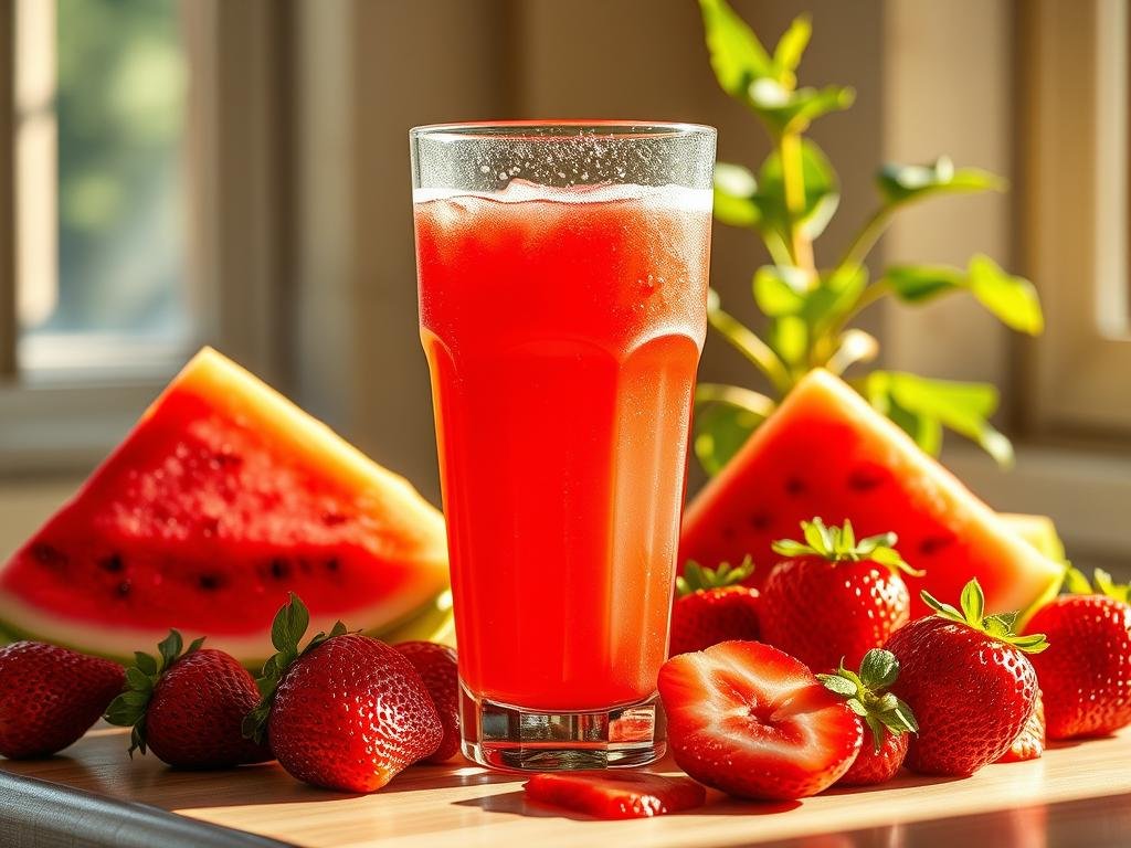 A luscious, vibrant still life featuring a refreshing glass of watermelon and strawberry juice. Sunlight filters through a window, casting a warm, golden glow on the scene. Freshly sliced watermelon and juicy strawberries surround the glass, their colors and textures complementing each other. The glass, with its condensation-covered surface, reflects the light, creating a sense of coolness and hydration. In the background, there are verdant leaves and stems, hinting at the natural antioxidant-rich ingredients. The overall composition evokes feelings of refreshment, vitality, and the healthful benefits of this natural beverage. Suco de Melancia com Morango: Refrescante e Antioxidante Natural