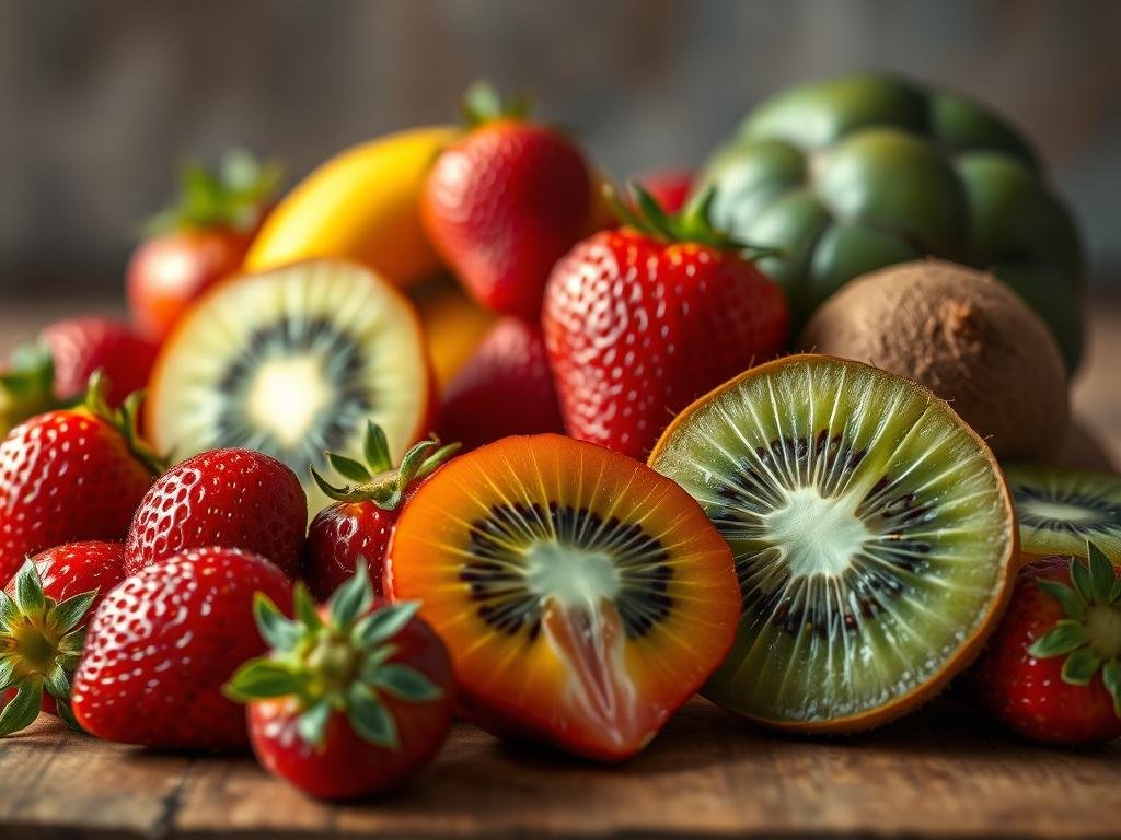 A lush and vibrant still life scene featuring a combination of fresh, juicy strawberries and kiwi fruit. The foreground showcases the two types of fruit, arranged in a natural and appealing manner, with their vibrant colors and textures contrasting beautifully. The middle ground features a wooden surface, perhaps a rustic table or cutting board, providing a warm and earthy backdrop. Soft, diffused lighting illuminates the scene, highlighting the succulent and inviting nature of the fruit. The background is slightly blurred, creating a sense of depth and focus on the main subject. The overall composition and lighting convey a sense of health, freshness, and the natural goodness of this exotic fruit pairing. Suco de Morango com Kiwi