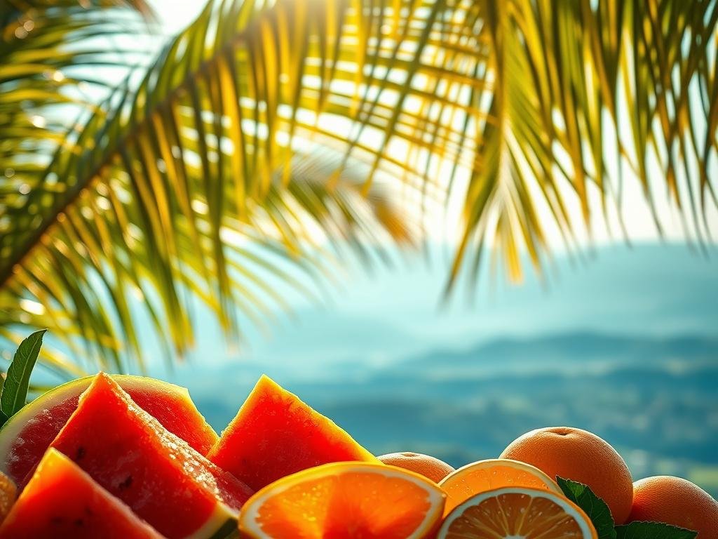 A lush, tropical scene filled with vibrant, ripe fruits and verdant foliage. In the foreground, a bountiful arrangement of sliced watermelon and juicy orange wedges, glistening with morning dew and backlit by soft, golden sunlight. In the middle ground, lush palm fronds sway gently, casting dappled shadows across the scene. The background features a hazy, dreamlike horizon of rolling hills and a clear, azure sky. The overall mood is one of refreshing, nourishing abundance, inviting the viewer to savor the natural sweetness and hydrating properties of this tropical delight. Suco de Melancia com Laranja
