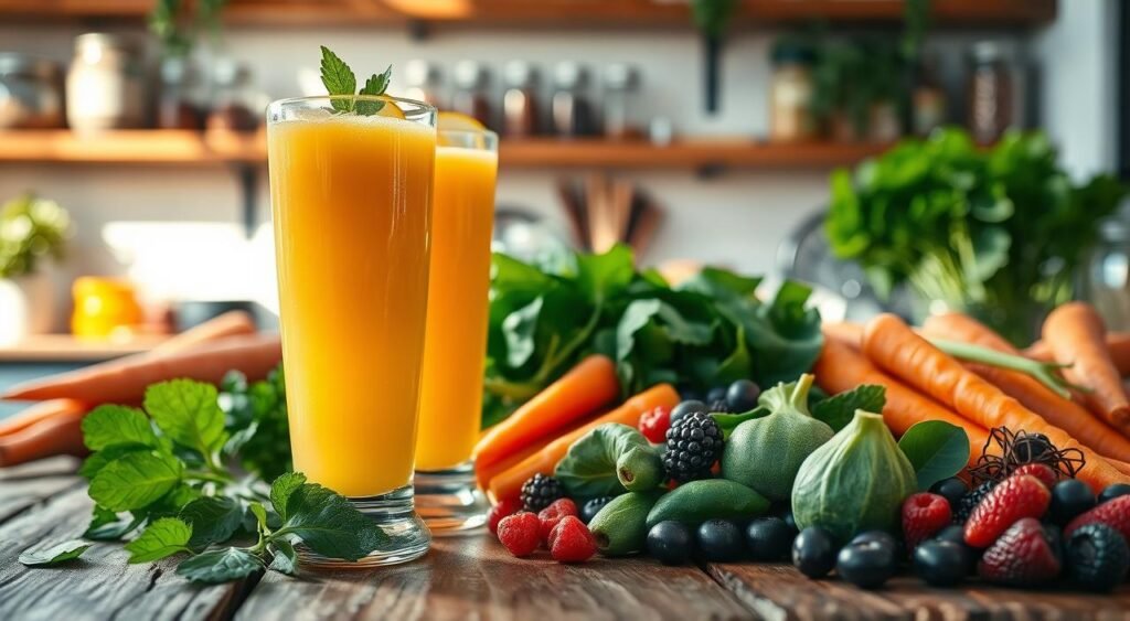 A lush, vibrant close-up of a variety of healthy, freshly-blended fruit and vegetable juices, arranged artfully on a rustic wooden table. The foreground features a tall glass filled with a luminous, golden-hued juice, with leafy green garnishes and a slice of lemon adding a touch of freshness. In the middle ground, a variety of nutrient-rich ingredients such as carrots, spinach, and berries are visible, neatly chopped and ready for juicing. The background depicts a softly-lit, sun-dappled kitchen, with shelves of spices and jars adding a sense of warmth and homemade authenticity. The overall mood is one of vitality, wellness, and the natural goodness of ingredients that can help strengthen and nourish the hair. A lush, vibrant close-up of a variety of healthy, freshly-blended fruit and vegetable juices, arranged artfully on a rustic wooden table. The foreground features a tall glass filled with a luminous, golden-hued juice, with leafy green garnishes and a slice of lemon adding a touch of freshness. In the middle ground, a variety of nutrient-rich ingredients such as carrots, spinach, and berries are visible, neatly chopped and ready for juicing. The background depicts a softly-lit, sun-dappled kitchen, with shelves of spices and jars adding a sense of warmth and homemade authenticity. The overall mood is one of vitality, wellness, and the natural goodness of ingredients that can help strengthen and nourish the hair.