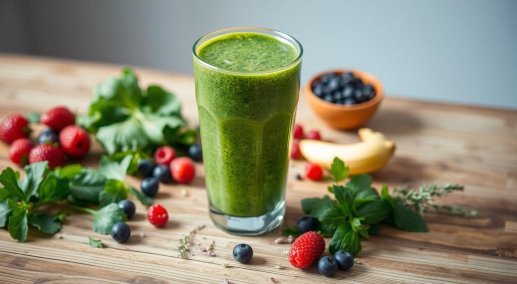 A lush, vibrant detox smoothie sits atop a wooden table, its vibrant green hue reflecting the health-conscious ethos. Strewn around the glass are fresh ingredients - leafy greens, ripe berries, and fragrant herbs - highlighting the natural, wholesome components. Soft, diffused lighting bathes the scene, casting a gentle glow and conveying a sense of serenity. The overall composition exudes a clean, rejuvenating atmosphere, visually communicating the restorative benefits of this detox elixir. Suco Detox Para Emagrecer