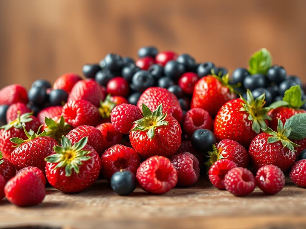 A lush, vibrant still life showcasing an array of antioxidant-rich red fruits. In the foreground, plump strawberries and juicy raspberries spill across a natural wood surface, their colors vibrant under soft, diffused lighting. The middle ground features clusters of blueberries and cherries, their deep hues complementing the scarlet tones. In the background, a subtle gradient of warm, earthy tones sets a calm, healthy atmosphere. The composition is balanced and visually appealing, highlighting the natural beauty and nutritional benefits of these antioxidant-packed fruits. Uma natureza-morta exuberante e vibrante que apresenta uma variedade de frutas vermelhas ricas em antioxidantes. Em primeiro plano, morangos carnudos e framboesas suculentas se espalham por uma superfície de madeira natural, com cores vibrantes sob uma iluminação suave e difusa. No plano central, cachos de mirtilos e cerejas, cujos tons profundos complementam os tons escarlates. Ao fundo, um sutil gradiente de tons quentes e terrosos cria uma atmosfera calma e saudável. A composição é equilibrada e visualmente atraente, destacando a beleza natural e os benefícios nutricionais dessas frutas ricas em antioxidantes.