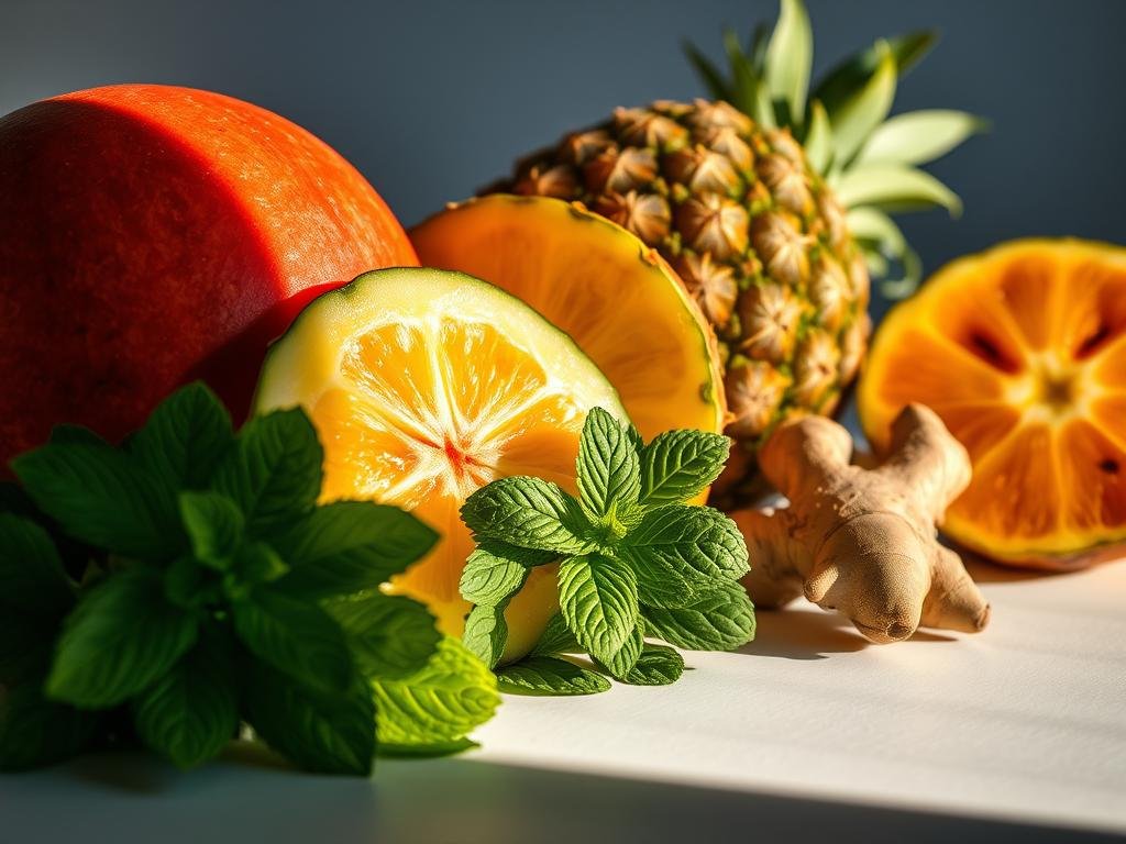 A neatly arranged display of fresh, vibrant ingredients for a refreshing summer juice: a ripe watermelon, juicy pineapple slices, a bundle of fragrant mint leaves, and a knobby ginger root. The ingredients are beautifully lit from the side, casting warm shadows and highlights that accentuate their natural textures and colors. The composition is balanced and visually appealing, with the items placed in a way that suggests their upcoming transformation into a delicious, revitalizing beverage. The overall mood is one of freshness, vitality, and the joyful anticipation of a flavorful, cooling drink. Uma exposição organizada de ingredientes frescos e vibrantes para um suco refrescante de verão: uma melancia madura, fatias suculentas de abacaxi, um maço de folhas de hortelã perfumadas e uma raiz de gengibre nodosa. Os ingredientes são lindamente iluminados lateralmente, projetando sombras e realces quentes que acentuam suas texturas e cores naturais. A composição é equilibrada e visualmente atraente, com os itens dispostos de forma a sugerir sua próxima transformação em uma bebida deliciosa e revitalizante. O clima geral é de frescor, vitalidade e a alegre expectativa de uma bebida saborosa e refrescante.