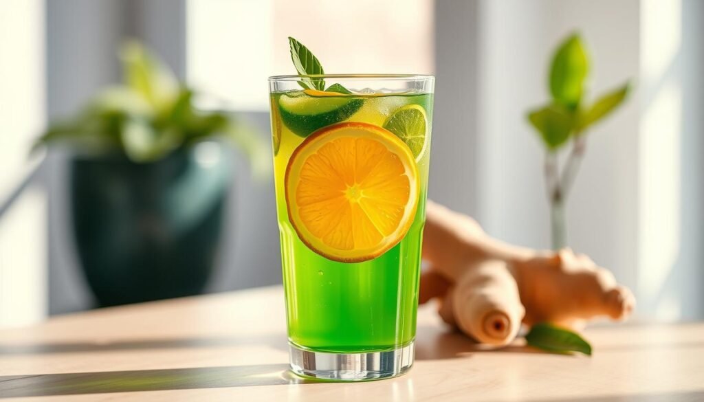 A refreshing and energizing "detox" beverage in a clear glass, featuring a vibrant green liquid with slices of orange and ginger floating within. The glass is positioned on a clean, minimalist surface, perhaps a wooden table or countertop, bathed in soft, natural lighting. The overall scene conveys a sense of health, vitality, and a refreshing, restorative moment, perfectly capturing the essence of the "suco verde de couve com laranja e gengibre" as a metabolism-boosting, detoxifying elixir. Suco Verde de Couve com Laranja e Gengibre
