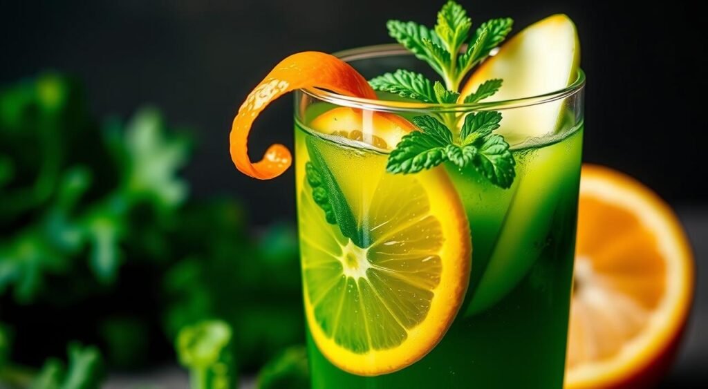 A refreshing detox juice of vibrant green kale, zesty orange slices, and crisp green apple wedges. The glass is filled to the brim with the rich, emerald-hued liquid, garnished with a curled orange peel and a sprig of fresh mint, creating a visually appealing and appetizing presentation. The lighting is soft and diffused, casting a warm glow on the translucent beverage. The image is captured at a slight angle, highlighting the delicate layering of ingredients and the overall harmony of colors. The mood is one of healthy rejuvenation, inviting the viewer to enjoy the nourishing benefits of this vitamin-packed concoction. A refreshing detox juice of vibrant green kale, zesty orange slices, and crisp green apple wedges. The glass is filled to the brim with the rich, emerald-hued liquid, garnished with a curled orange peel and a sprig of fresh mint, creating a visually appealing and appetizing presentation. The lighting is soft and diffused, casting a warm glow on the translucent beverage. The image is captured at a slight angle, highlighting the delicate layering of ingredients and the overall harmony of colors. The mood is one of healthy rejuvenation, inviting the viewer to enjoy the nourishing benefits of this vitamin-packed concoction.