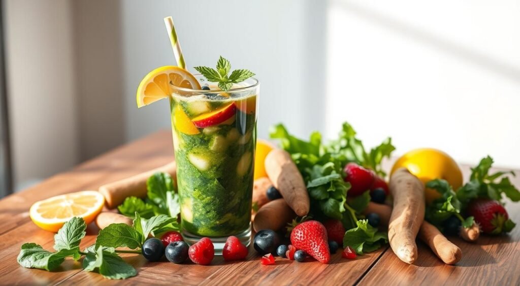 A refreshing detox smoothie on a wooden table, with a vibrant blend of colorful fruits and vegetables, including green leafy greens, citrus, berries, and root veggies. The drink is garnished with a sprig of mint, a slice of lemon, and a straw, creating a visually appealing and healthy composition. The scene is lit by natural, soft lighting, casting warm hues and gentle shadows, evoking a sense of wellness and vitality. The background is a clean, minimalist setting, allowing the detox smoothie to be the focal point, highlighting its nutritious and rejuvenating properties. Suco Energéticos para Combater a Retenção de Líquidos