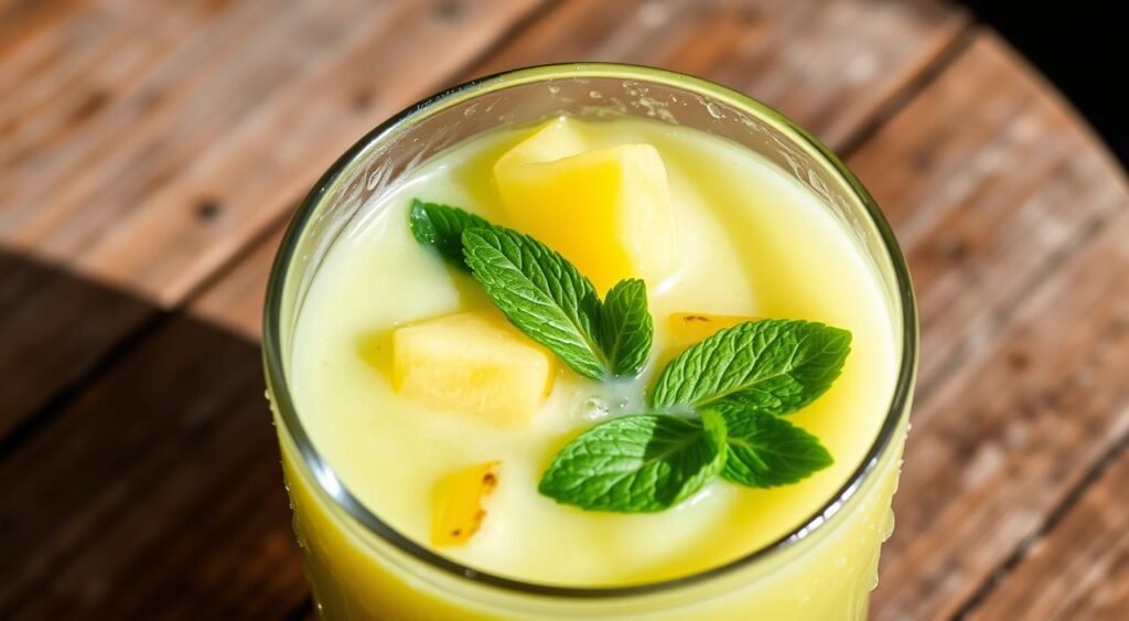 A refreshing pineapple and mint detox smoothie, captured in a glass with condensation-beaded sides, resting on a rustic wooden table. Vibrant green mint leaves and golden pineapple chunks float within the pale yellow-green liquid, creating a visually appealing and healthy-looking beverage. The lighting is soft and natural, casting gentle shadows and highlights to enhance the smoothie's freshness and vitality. The overall composition evokes a sense of purity, wellness, and a restorative pause in the day. A refreshing pineapple and mint detox smoothie, captured in a glass with condensation-beaded sides, resting on a rustic wooden table. Vibrant green mint leaves and golden pineapple chunks float within the pale yellow-green liquid, creating a visually appealing and healthy-looking beverage. The lighting is soft and natural, casting gentle shadows and highlights to enhance the smoothie's freshness and vitality. The overall composition evokes a sense of purity, wellness, and a restorative pause in the day.