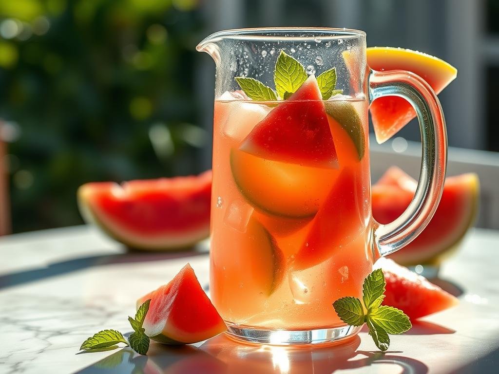 A refreshing summer drink bursting with vibrant colors and flavors. A smooth, icy blend of juicy watermelon, sweet pineapple, and fragrant mint leaves, finished with a zesty kick of ginger. Sunlight filters through a glass pitcher, casting a warm glow and casting reflections on the table's surface. Condensation beads along the sides, hinting at the cool, hydrating treat within. Sliced fruit and fresh herbs garnish the drink, inviting the viewer to take a refreshing sip and savor the perfect taste of summer. Suco de Melancia com Abacaxi, Hortelã e Gengibre