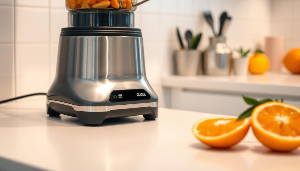 A stainless steel blender sits on a clean, white countertop, its blades ready to blend a vibrant mixture of fresh acerola and orange fruits. The lighting is soft and warm, creating a cozy, inviting atmosphere. The camera angle is slightly elevated, allowing a clear view of the blender's contents and the surrounding workspace. The overall scene conveys a sense of efficiency and nutritious preparation, reflecting the "Modo de Preparo e Dicas Importantes" section of the article on acerola and orange juice. Um liquidificador de aço inoxidável está sobre uma bancada limpa e branca, suas lâminas prontas para misturar uma vibrante mistura de frutas frescas de acerola e laranja. A iluminação é suave e quente, criando uma atmosfera acolhedora e convidativa. O ângulo da câmera é ligeiramente elevado, permitindo uma visão clara do conteúdo do liquidificador e do espaço de trabalho ao redor. A cena geral transmite uma sensação de eficiência e preparo nutritivo, refletindo a seção "Modo de Preparo e Dicas Importantes" do artigo sobre suco de acerola e laranja.
