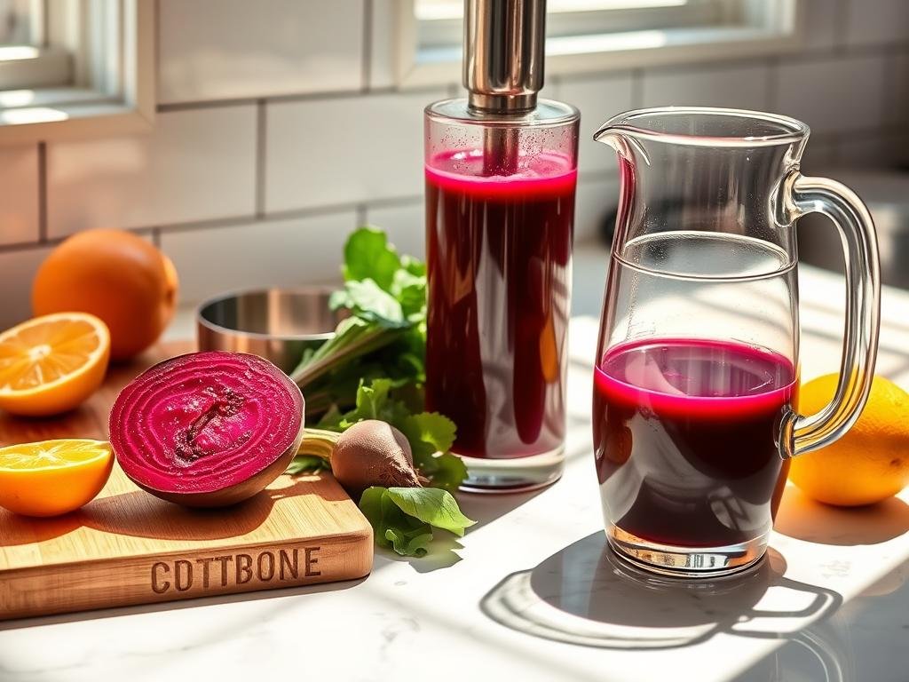 A sun-dappled kitchen counter with a wooden cutting board, a freshly sliced orange, a bundle of beet greens, and a glass juicer. A halved beet sits next to a stainless steel bowl, its deep ruby hue catching the warm light. A glass pitcher stands ready to receive the vibrant orange and beet juice, the two ingredients blending harmoniously. The scene exudes a sense of health and vitality, inviting the viewer to imagine the invigorating flavor and nutritional benefits of this homemade beet and orange juice. Uma bancada de cozinha banhada pelo sol com uma tábua de corte de madeira, uma laranja recém-cortada, um maço de folhas de beterraba e um espremedor de frutas. Uma beterraba cortada ao meio repousa ao lado de uma tigela de aço inoxidável, com sua tonalidade rubi profunda refletindo a luz quente. Uma jarra de vidro está pronta para receber o vibrante suco de laranja e beterraba, os dois ingredientes se misturando harmoniosamente. A cena exala uma sensação de saúde e vitalidade, convidando o espectador a imaginar o sabor revigorante e os benefícios nutricionais deste suco caseiro de beterraba e laranja.