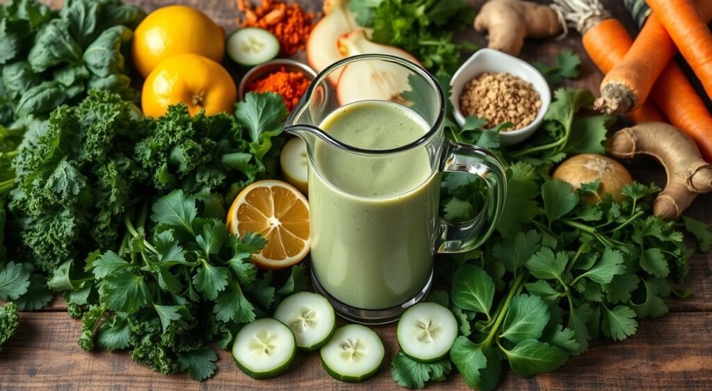 A vibrant and appetizing assortment of fresh, organic ingredients for a detox smoothie, arranged on a rustic wooden surface. In the foreground, a variety of leafy greens such as kale, spinach, and parsley, alongside sliced cucumbers, apples, and lemons. In the middle ground, a glass pitcher filled with a pale green blend, capturing the essence of a nourishing and cleansing detox elixir. The background features additional produce like carrots, ginger root, and a sprinkle of superfood powders, creating a harmonious and visually appealing composition. Soft, natural lighting illuminates the scene, highlighting the vibrant colors and textures of the healthy, wholesome ingredients. A vibrant and appetizing assortment of fresh, organic ingredients for a detox smoothie, arranged on a rustic wooden surface. In the foreground, a variety of leafy greens such as kale, spinach, and parsley, alongside sliced cucumbers, apples, and lemons. In the middle ground, a glass pitcher filled with a pale green blend, capturing the essence of a nourishing and cleansing detox elixir. The background features additional produce like carrots, ginger root, and a sprinkle of superfood powders, creating a harmonious and visually appealing composition. Soft, natural lighting illuminates the scene, highlighting the vibrant colors and textures of the healthy, wholesome ingredients.