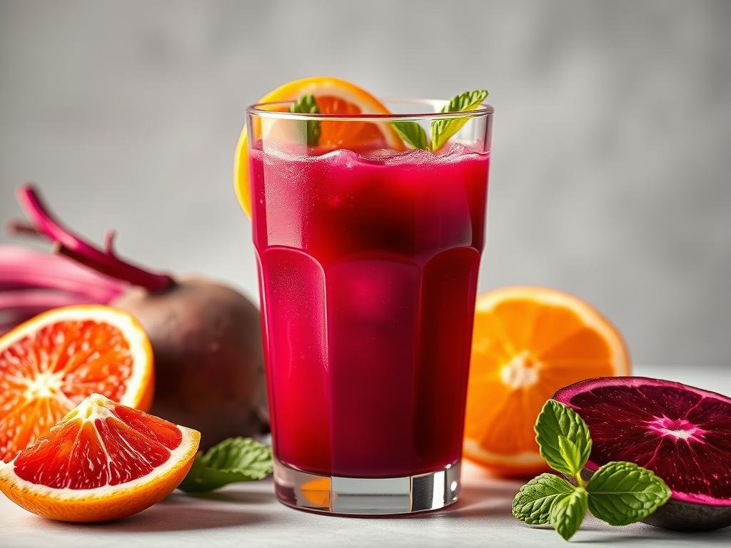 A vibrant and energizing glass filled with the rich crimson hue of freshly squeezed beet and orange juice, garnished with a slice of orange and a sprig of mint. The juice glistens with a natural sweetness, a perfect balance of earthy beet and tangy citrus flavors. Soft, diffused lighting illuminates the glass, casting a warm, inviting glow. The composition is framed by a clean, minimalist backdrop, allowing the vibrant colors and textures of the juice to take center stage. This image evokes a sense of health, vitality, and the nourishing power of nature's bounty. Suco de Beterraba com Laranja