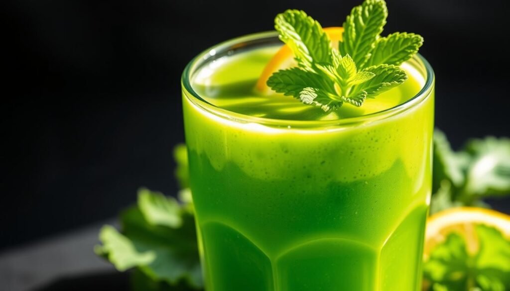 A vibrant and refreshing detox drink featuring a lush green kale smoothie with a zesty lemon twist. A glass filled with a bright emerald liquid, garnished with a fresh lemon slice and a sprig of mint, illuminated by soft natural lighting. The composition showcases the drink's inviting, healthy, and revitalizing qualities, reflecting the benefits of this powerful superfood elixir. Uma bebida detox vibrante e refrescante, com um smoothie exuberante de couve verde e um toque cítrico de limão. Um copo cheio de um líquido esmeralda brilhante, decorado com uma rodela de limão fresco e um raminho de hortelã, iluminado por uma suave luz natural. A composição destaca as qualidades convidativas, saudáveis e revitalizantes da bebida, refletindo os benefícios deste poderoso elixir de superalimentos.
