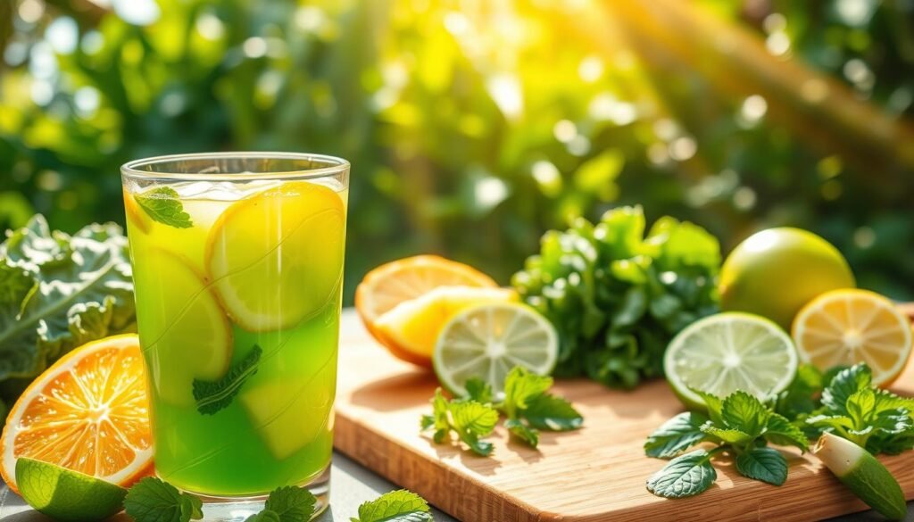 A vibrant and refreshing detox juice, overflowing with citrus and leafy greens. In the foreground, a glass filled with a vibrant green liquid, accented by slices of lemon and pineapple. Swirling patterns of light filter through the translucent glass, creating a dynamic and inviting composition. The middle ground features a cutting board with fresh ingredients - bunches of kale, sprigs of mint, and wedges of lime. In the background, a lush, natural setting, with sunlight streaming through verdant foliage, casting a warm, rejuvenating glow. The overall mood is one of vitality, energy, and a renewed sense of well-being, perfectly capturing the essence of a nourishing detox juice. Suco de Limão com Abacaxi e Couve