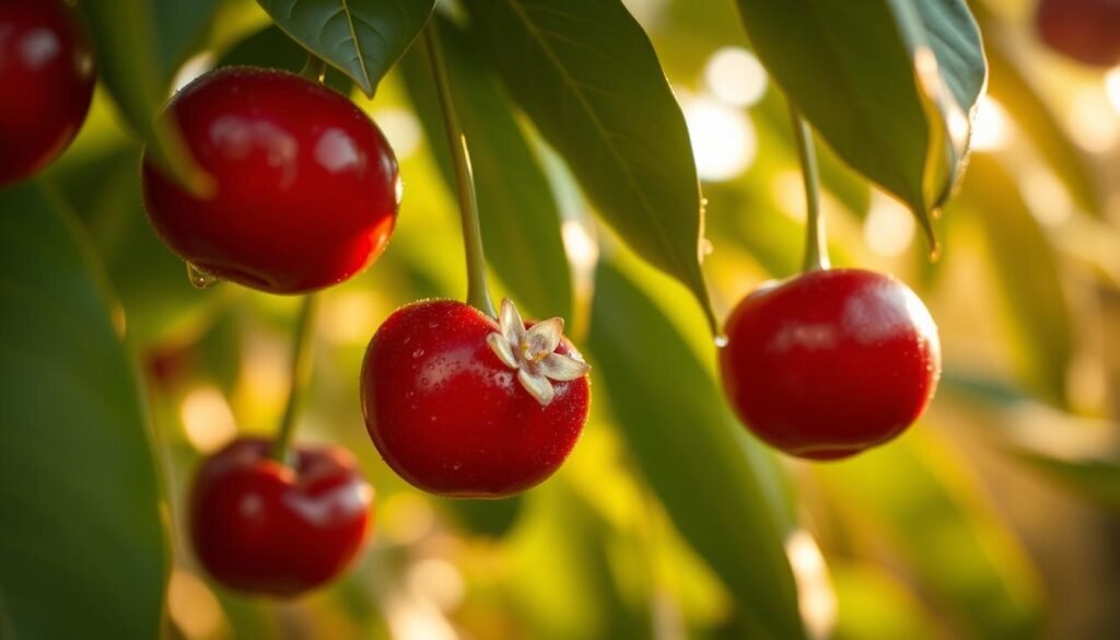 A vibrant and sun-drenched close-up of freshly harvested acerola cherries, their deep crimson skin glistening with morning dew. The foreground is in sharp focus, highlighting the delicate, star-shaped calyx and the plump, juicy flesh within. In the middle ground, lush green leaves sway gently, framing the cherries and casting soft, filtered light upon them. The background blurs into a warm, golden hue, suggesting the abundant sunshine of a tropical setting. The overall scene exudes a sense of natural abundance, vitality, and the promise of the rich nutritional benefits that these humble, yet remarkable fruits possess. Suco de Acerola com Leite