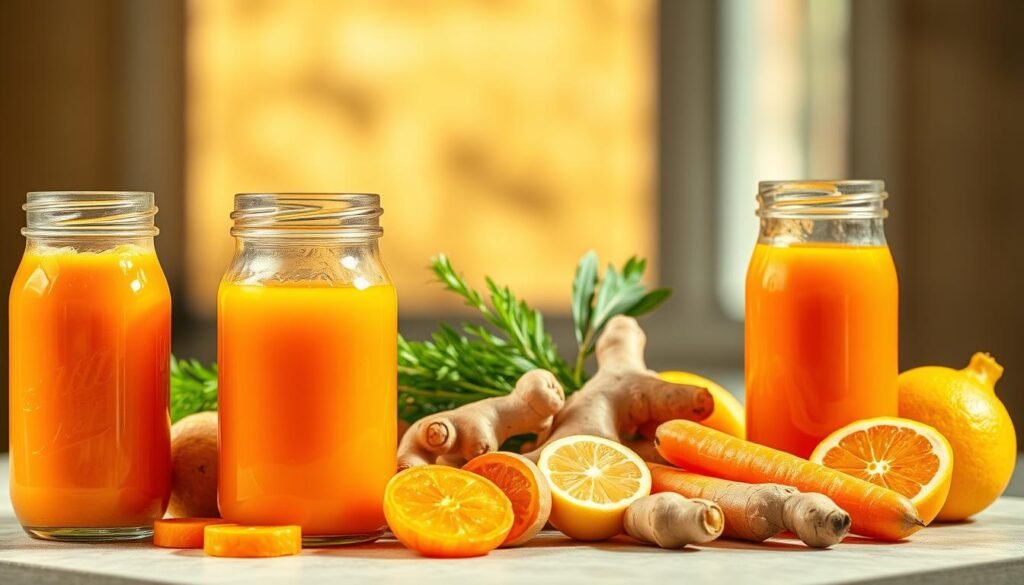 A vibrant, appetizing still life showcasing a variety of detox juice variations featuring carrots and ginger. In the foreground, an array of freshly juiced liquids in glass jars or bottles, their brilliant orange and golden hues catching the soft, natural light. Mid-ground, an assortment of sliced carrots, knobby ginger root, and perhaps a lemon or two, all arranged artfully. The background subtly blurred, allowing the juices and produce to take center stage. The lighting is warm and inviting, casting gentle shadows and highlights to create depth and dimension. The overall composition is balanced and visually appealing, inviting the viewer to imagine the refreshing, healthful flavors of these tasty detox juice variations. Uma natureza-morta vibrante e apetitosa apresentando uma variedade de variações de sucos detox com cenouras e gengibre. Em primeiro plano, uma variedade de líquidos recém-preparados em potes ou garrafas de vidro, com seus brilhantes tons de laranja e dourado refletindo a suave luz natural. No meio, uma variedade de cenouras fatiadas, raiz de gengibre nodosa e talvez um ou dois limões, todos dispostos artisticamente. O fundo é sutilmente desfocado, permitindo que os sucos e os produtos ocupem o centro do palco. A iluminação é quente e convidativa, projetando sombras e realces suaves para criar profundidade e dimensão. A composição geral é equilibrada e visualmente atraente, convidando o observador a imaginar os sabores refrescantes e saudáveis dessas saborosas variações de sucos detox.
