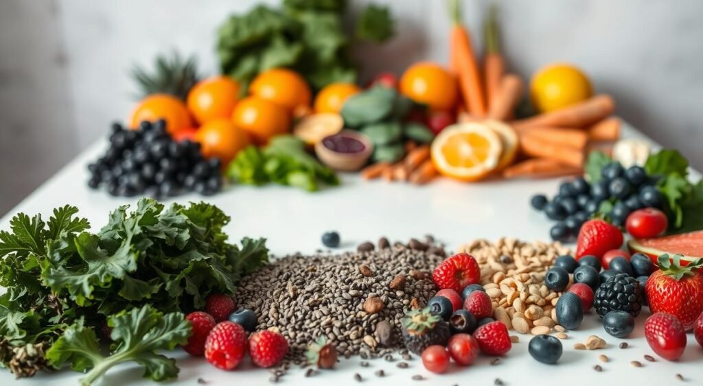 A vibrant arrangement of fresh, nutrient-dense ingredients on a sleek white surface, creating a visually appealing and appetizing scene. In the foreground, an assortment of superfoods like kale, spirulina, chia seeds, and berries are artfully displayed, their vibrant colors and textures drawing the eye. In the middle ground, various fruits and vegetables, such as oranges, carrots, and spinach, are neatly arranged, hinting at the variety of nutrients within the functional smoothie. The background features a soft, muted backdrop, allowing the vibrant colors of the ingredients to pop. The lighting is natural and diffused, casting a warm, inviting glow on the scene and emphasizing the freshness and vitality of the "sucos funcionais." Como Sucos Funcionais Podem Melhorar Seu Bem-Estar