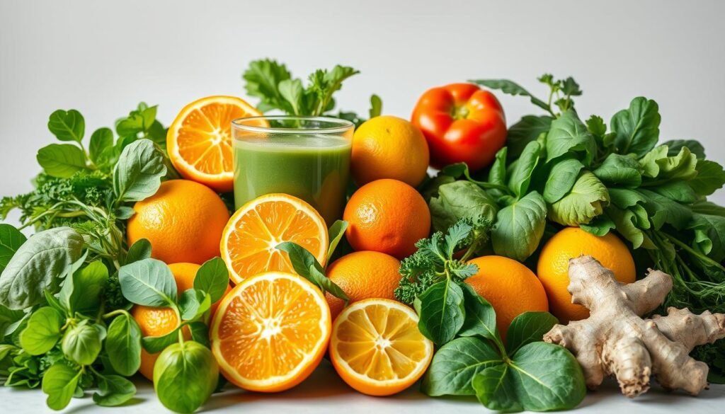 A vibrant arrangement of fresh, organic ingredients for a detox smoothie, including a variety of leafy greens, vibrant citrus fruits, and aromatic ginger. The scene is set against a neutral background, with soft, natural lighting highlighting the vivid colors and textures of the produce. The composition showcases the diverse elements in an aesthetically pleasing manner, conveying the nourishing and revitalizing qualities of the ingredients. The overall mood is one of health, vitality, and a sense of balance. Um arranjo vibrante de ingredientes frescos e orgânicos para um smoothie detox, incluindo uma variedade de folhas verdes, frutas cítricas vibrantes e gengibre aromático. O cenário é ambientado em um fundo neutro, com iluminação suave e natural que destaca as cores e texturas vibrantes dos produtos. A composição destaca os diversos elementos de uma forma esteticamente agradável, transmitindo as qualidades nutritivas e revitalizantes dos ingredientes. O clima geral é de saúde, vitalidade e equilíbrio.