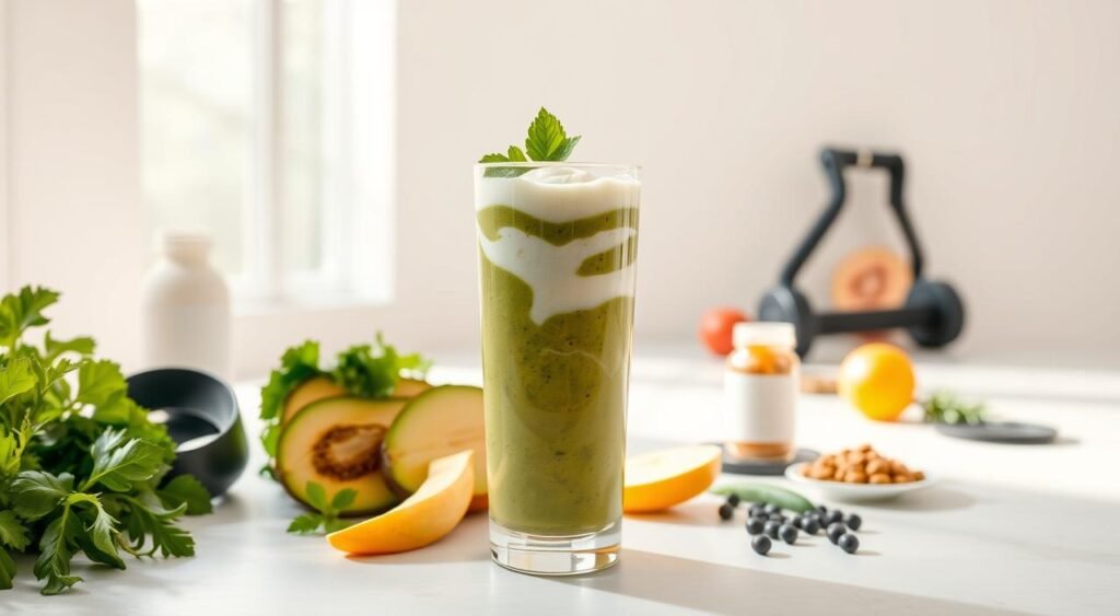 A vibrant, functional smoothie set against a minimalist, health-conscious backdrop. In the foreground, an array of fresh, colorful ingredients - leafy greens, tropical fruits, and a swirl of creamy yogurt or plant-based milk - blend together seamlessly in a sleek glass tumbler. Soft, natural lighting casts a warm glow, emphasizing the drink's nutritious goodness. The middle ground features a simple, modern table surface, perhaps a pale wood or marble, complemented by a sparse, elegant arrangement of complementary superfoods, supplements, and exercise equipment. In the background, a clean, airy space with pale walls and abundant natural light, conveying a sense of wellness, balance, and an active, fitness-focused lifestyle. Um smoothie vibrante e funcional em um cenário minimalista e saudável. Em primeiro plano, uma variedade de ingredientes frescos e coloridos – folhas verdes, frutas tropicais e um toque de iogurte cremoso ou leite vegetal – se misturam perfeitamente em um elegante copo de vidro. A iluminação suave e natural cria um brilho aconchegante, enfatizando os benefícios nutritivos da bebida. O centro apresenta uma superfície de mesa simples e moderna, talvez de madeira clara ou mármore, complementada por um arranjo esparso e elegante de superalimentos, suplementos e equipamentos de ginástica complementares. Ao fundo, um espaço limpo e arejado, com paredes claras e luz natural abundante, transmitindo uma sensação de bem-estar, equilíbrio e um estilo de vida ativo e focado no condicionamento físico.
