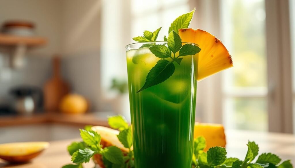 A vibrant glass filled with a lush green juice, featuring fresh slices of pineapple, sprigs of mint, and a swirl of sunlight reflecting off the surface. The image is captured in a bright, airy kitchen setting, with warm natural lighting cascading through the window. The composition showcases the refreshing and nourishing properties of this homemade green juice, made with an abundance of crisp, leafy kale or spinach. The overall tone is one of health, vitality, and a sense of tranquility, inviting the viewer to savor the restorative qualities of this homemade blend. Suco de Couve com Abacaxi e Hortelã