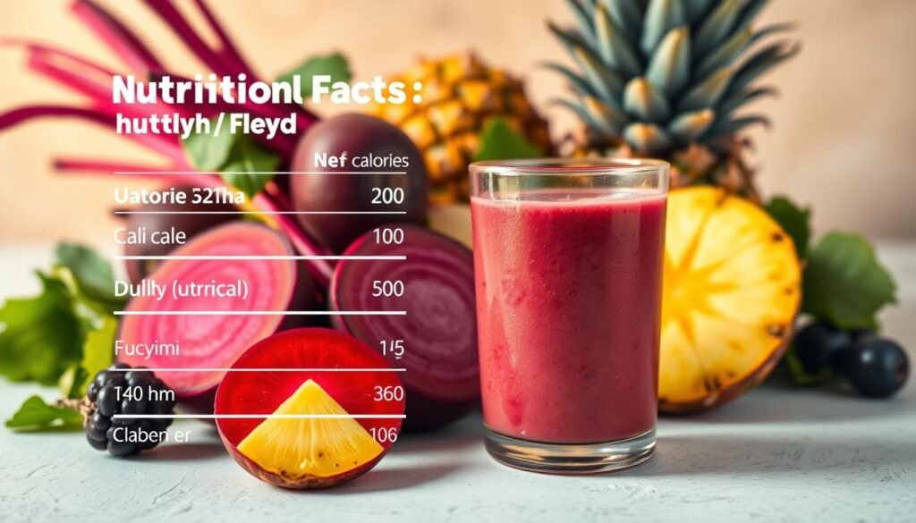A vibrant, high-resolution image of a dynamic nutritional information display for a natural detox smoothie. The foreground features a clean, minimalist design with bold typography showcasing the key nutritional facts, such as calorie count, macronutrient breakdown, and vitamin/mineral content. The middle ground depicts a visually appealing arrangement of fresh, juicy beets, pineapple slices, and other detox-friendly ingredients, all bathed in warm, natural lighting. The background subtly fades into a soft, textured pattern or gradient, complementing the overall aesthetic. The composition strikes a balance between informative and visually striking, designed to captivate the viewer and highlight the healthful properties of the detox smoothie. Uma imagem vibrante e de alta resolução de um display dinâmico de informações nutricionais para um smoothie detox natural. O primeiro plano apresenta um design limpo e minimalista, com tipografia em negrito exibindo os principais dados nutricionais, como contagem de calorias, composição de macronutrientes e teor de vitaminas/minerais. O plano do meio retrata um arranjo visualmente atraente de beterrabas frescas e suculentas, fatias de abacaxi e outros ingredientes detox, tudo banhado por uma iluminação natural e aconchegante. O fundo se transforma sutilmente em um padrão ou gradiente suave e texturizado, complementando a estética geral. A composição atinge um equilíbrio entre informativo e visualmente impactante, projetada para cativar o espectador e destacar as propriedades saudáveis do smoothie detox.