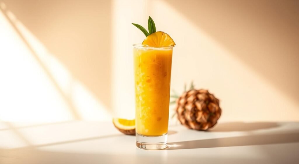 A vibrant, hydrating fruit smoothie set against a clean, minimalist backdrop. The foreground features a tall glass filled with a refreshing blend of fresh tropical fruits - mango, pineapple, and coconut - creating a luscious, creamy texture. Beams of warm, natural lighting cast a soft glow, highlighting the drink's vibrant color and inviting appearance. In the middle ground, a few sliced fruit garnishes float, adding a touch of freshness. The background is a simple, pale-colored surface, allowing the smoothie to take center stage. The overall mood is one of health, vitality, and a sense of rejuvenation - perfectly capturing the essence of a nourishing, "fit and functional" fruit-based beverage. Um smoothie de frutas vibrante e hidratante em um cenário clean e minimalista. O primeiro plano apresenta um copo alto com uma mistura refrescante de frutas tropicais frescas – manga, abacaxi e coco – criando uma textura cremosa e deliciosa. Raios de luz natural e quente lançam um brilho suave, realçando a cor vibrante e a aparência convidativa da bebida. No centro, algumas guarnições de frutas fatiadas flutuam, adicionando um toque de frescor. O fundo é uma superfície simples e de cor clara, permitindo que o smoothie seja o centro das atenções. O clima geral é de saúde, vitalidade e uma sensação de rejuvenescimento – capturando perfeitamente a essência de uma bebida nutritiva, "fit e funcional" à base de frutas.