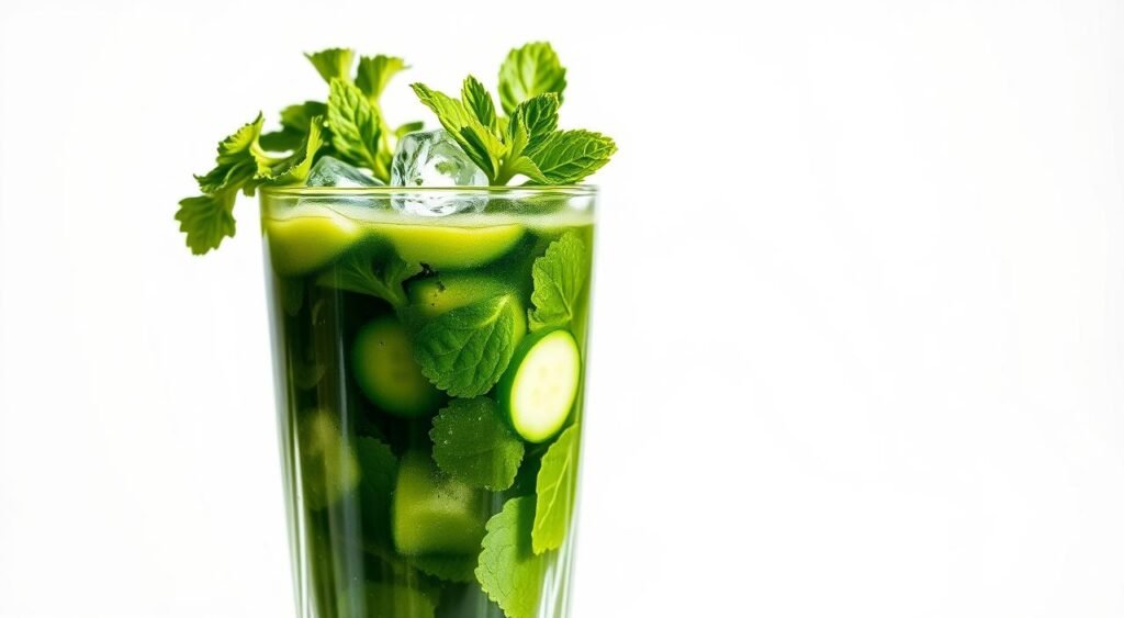 A vibrant, refreshing glass of "suco detox" against a minimalist white background. In the foreground, the drink is filled with an array of fresh green ingredients - kale, spinach, cucumber, and mint leaves. A few ice cubes add a crisp, chilled effect. The lighting is bright and natural, casting gentle shadows that highlight the transparency of the glass and the vivid colors of the ingredients. The overall mood is clean, healthy, and energizing, inviting the viewer to incorporate this nourishing beverage into their daily routine. A vibrant, refreshing glass of "suco detox" against a minimalist white background. In the foreground, the drink is filled with an array of fresh green ingredients - kale, spinach, cucumber, and mint leaves. A few ice cubes add a crisp, chilled effect. The lighting is bright and natural, casting gentle shadows that highlight the transparency of the glass and the vivid colors of the ingredients. The overall mood is clean, healthy, and energizing, inviting the viewer to incorporate this nourishing beverage into their daily routine.
