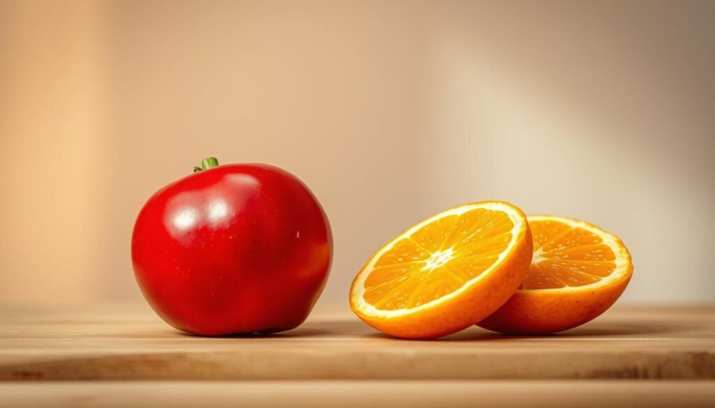 A vibrant still life featuring a perfect combination of acerola and orange fruits. The foreground showcases the luscious, glossy acerola and juicy orange slices, their colors vibrant and rich against a soft, diffused light. The middle ground features a wooden table or surface, with a simple, minimalist backdrop of soft, neutral tones that allow the fruits to take center stage. The lighting is warm and natural, creating a cozy, inviting atmosphere that evokes the refreshing and nourishing qualities of the fruit blend. The overall composition is balanced, with the fruits arranged in an artful, appetizing manner, inviting the viewer to savor the perfect synergy of vitamin C and antioxidants. Suco de Acerola com Laranja