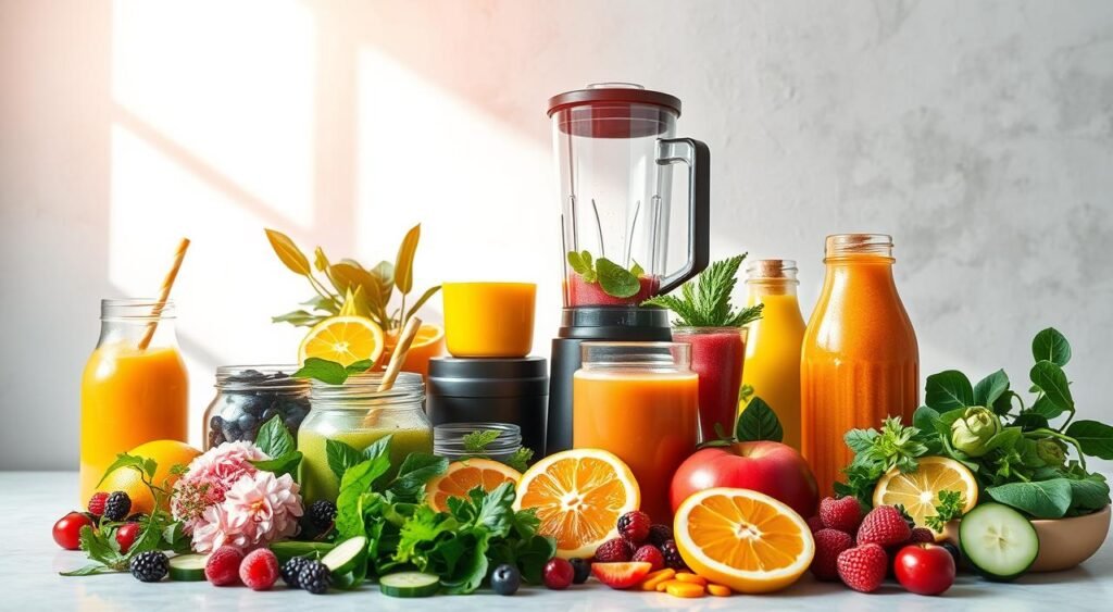 A vibrant still life showcasing an assortment of fresh, colorful detox smoothies against a clean, minimalist backdrop. In the foreground, an array of vibrant fruits and vegetables - leafy greens, citrus slices, berries, and crisp cucumbers - are artfully arranged in glass jars and bottles. The middle ground features a sleek, modern blender in a matte black finish, with a smoothie swirling within. Warm, diffused natural lighting from an overhead window casts a soft glow, highlighting the inviting textures and hues. The background is a simple, neutral-toned surface, allowing the vibrant detox drinks to take center stage. The overall scene evokes a sense of health, vitality, and the rejuvenating power of these nourishing elixirs. A vibrant still life showcasing an assortment of fresh, colorful detox smoothies against a clean, minimalist backdrop. In the foreground, an array of vibrant fruits and vegetables - leafy greens, citrus slices, berries, and crisp cucumbers - are artfully arranged in glass jars and bottles. The middle ground features a sleek, modern blender in a matte black finish, with a smoothie swirling within. Warm, diffused natural lighting from an overhead window casts a soft glow, highlighting the inviting textures and hues. The background is a simple, neutral-toned surface, allowing the vibrant detox drinks to take center stage. The overall scene evokes a sense of health, vitality, and the rejuvenating power of these nourishing elixirs.