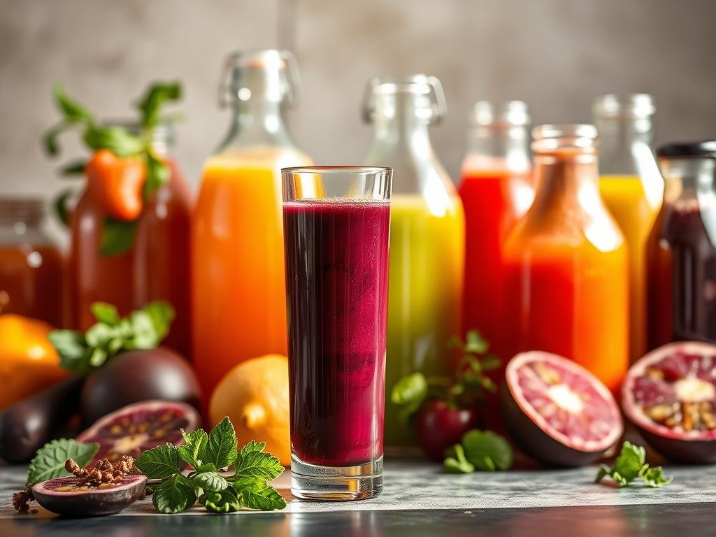 A vibrant still life showcasing an assortment of natural antioxidant-rich juices. In the foreground, a tall glass filled with a lush, deep purple liquid - a rich, earthy beet and tart passionfruit blend. Behind it, an array of jugs and bottles containing various shades of orange, red, and green juices, each with its own distinct hue and texture. The soft, natural lighting casts a warm, inviting glow over the scene, highlighting the vibrant colors and the fresh, wholesome ingredients. The overall composition conveys a sense of health, vitality, and the delightful variety of homemade natural juices. Uma natureza-morta vibrante exibindo uma variedade de sucos naturais ricos em antioxidantes. Em primeiro plano, um copo alto cheio de um líquido exuberante e roxo profundo – uma mistura rica e terrosa de beterraba e maracujá azedo. Atrás, uma série de jarras e garrafas contendo vários tons de sucos laranja, vermelho e verde, cada um com sua própria tonalidade e textura distintas. A iluminação suave e natural lança um brilho acolhedor e convidativo sobre a cena, destacando as cores vibrantes e os ingredientes frescos e saudáveis. A composição geral transmite uma sensação de saúde, vitalidade e a deliciosa variedade de sucos naturais caseiros.