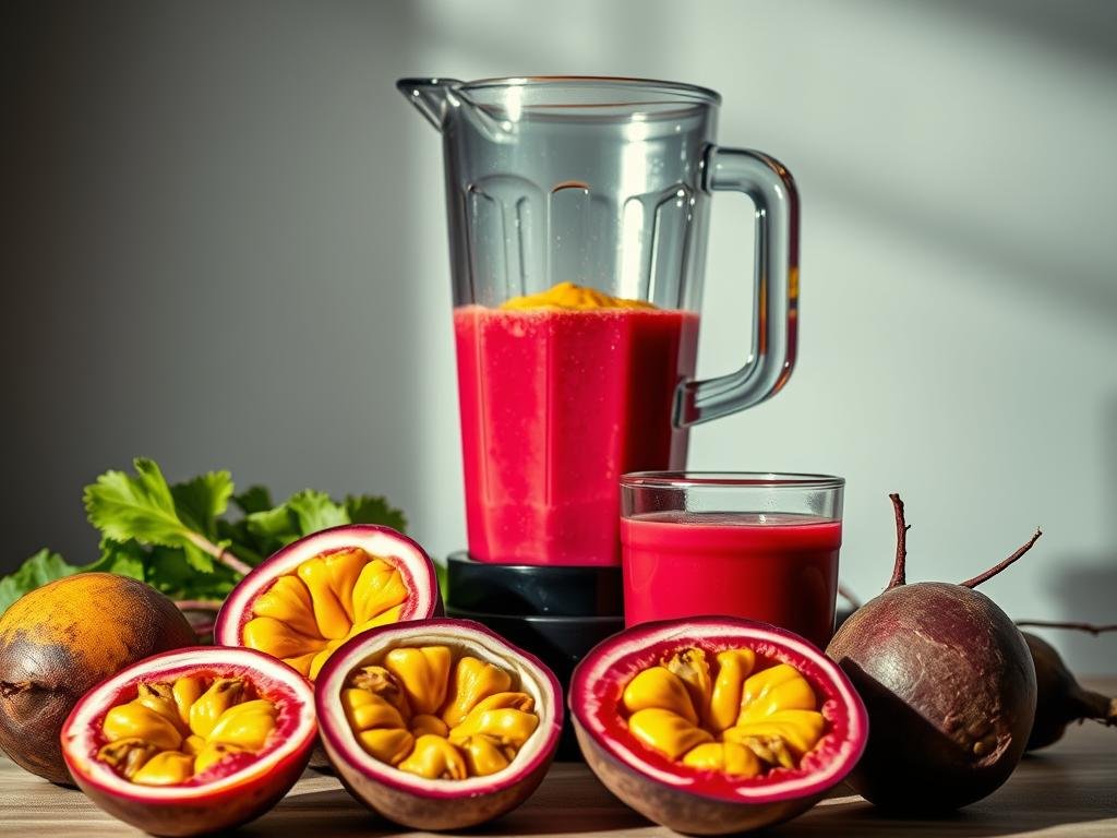 A vibrant still life showcasing the fresh ingredients for a delectable passion fruit and beetroot smoothie. In the foreground, ripe passion fruits sit alongside halved beets, their vivid colors and textures complementing each other. Moving back, a blender takes center stage, its clear glass carafe revealing the vibrant blend of ruby-red beetroot and golden passion fruit pulp. Soft, directional lighting from the side illuminates the scene, casting dramatic shadows and highlighting the luscious ingredients. The overall mood is one of health, vitality, and natural goodness, inviting the viewer to enjoy this nutrient-rich beverage. Uma natureza-morta vibrante que apresenta os ingredientes frescos para um delicioso smoothie de maracujá e beterraba. Em primeiro plano, maracujás maduros estão ao lado de beterrabas cortadas ao meio, com cores e texturas vibrantes se complementando. Ao fundo, um liquidificador ocupa o centro do cenário, com sua jarra de vidro transparente revelando a vibrante mistura de beterraba vermelho-rubi e polpa dourada de maracujá. Uma iluminação suave e direcional, vinda da lateral, ilumina a cena, projetando sombras dramáticas e realçando os ingredientes deliciosos. O clima geral é de saúde, vitalidade e beleza natural, convidando o espectador a desfrutar desta bebida rica em nutrientes.