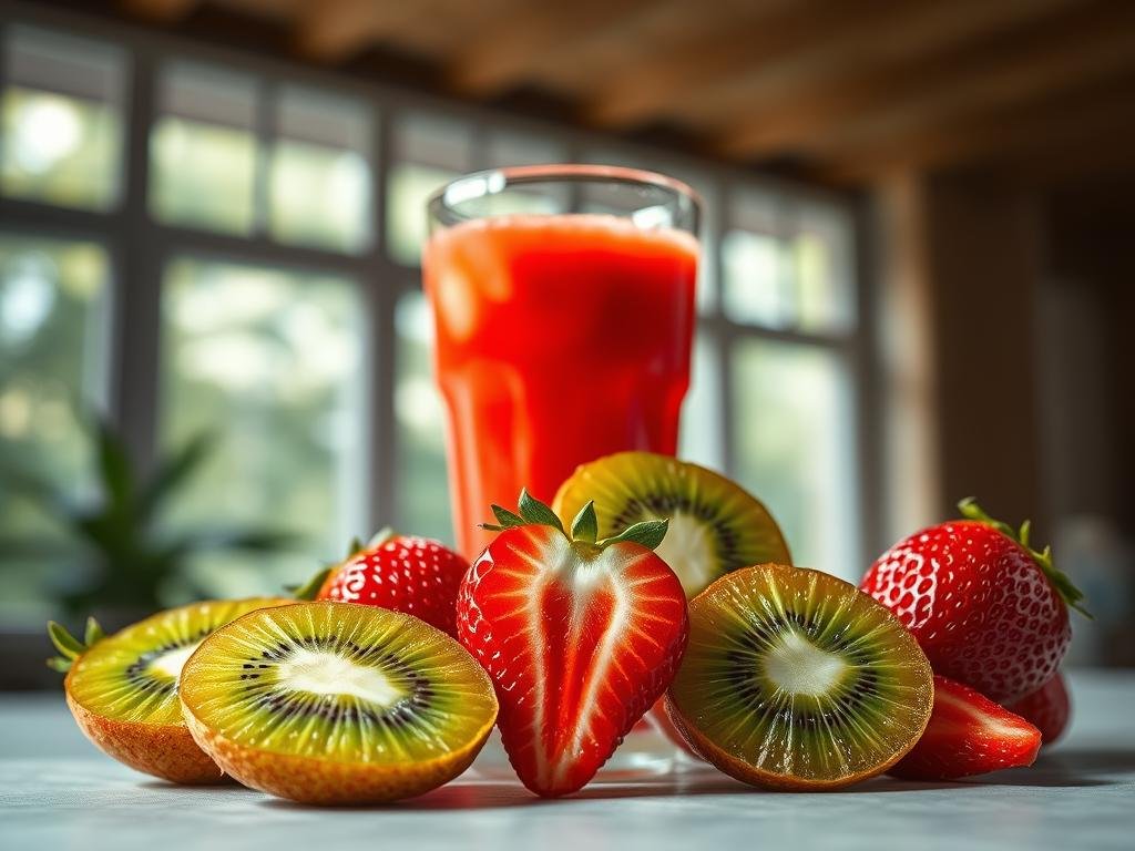 A vibrant still life showing the nutritional value and health benefits of strawberry and kiwi. In the foreground, halved strawberries and kiwi slices are artfully arranged, their vivid colors and textures on full display. Behind them, a glass filled with the refreshing strawberry-kiwi juice, its surface catching the light from a large window in the background. The lighting is soft and natural, highlighting the juicy, ripe qualities of the fruit. The composition is balanced and elegant, inviting the viewer to appreciate the nutritional richness and refreshing qualities of this exotic fruit combination. Uma natureza-morta vibrante que mostra o valor nutricional e os benefícios do morango e do kiwi para a saúde. Em primeiro plano, morangos cortados ao meio e fatias de kiwi são artisticamente dispostos, com suas cores e texturas vibrantes em plena exibição. Atrás deles, um copo cheio do refrescante suco de morango e kiwi, cuja superfície reflete a luz de uma grande janela ao fundo. A iluminação é suave e natural, realçando as qualidades suculentas e maduras da fruta. A composição é equilibrada e elegante, convidando o observador a apreciar a riqueza nutricional e as qualidades refrescantes dessa combinação exótica de frutas.