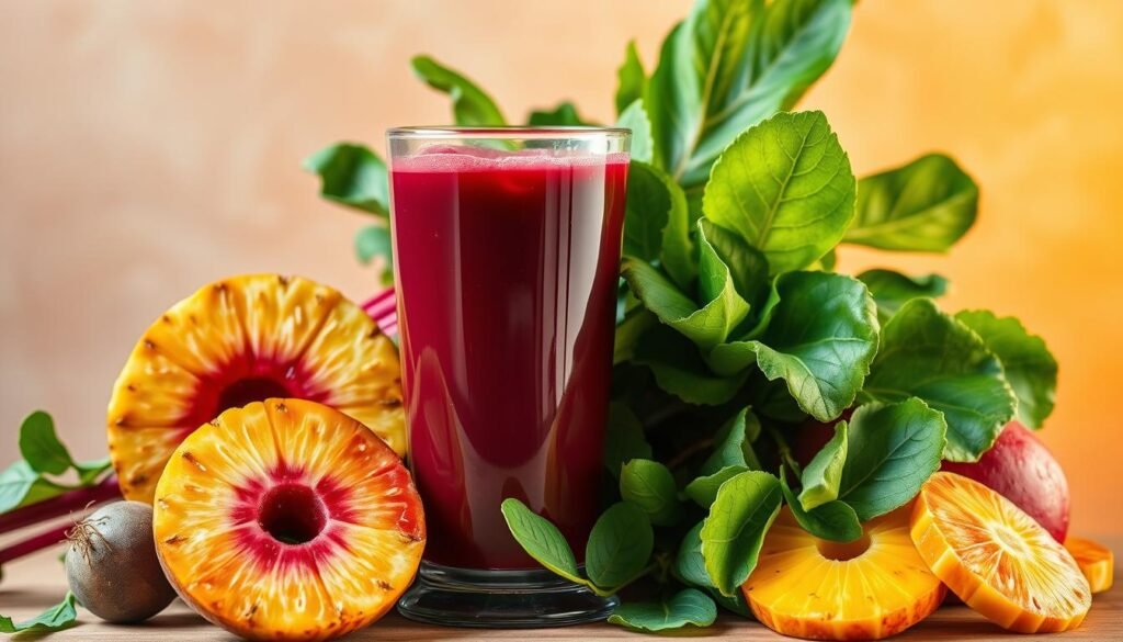 A vibrant still life with an array of freshly juiced ingredients, including ruby-red beets, golden pineapple slices, and lush green leaves. The liquid is captured in a tall, elegant glass, casting a soft, natural glow through the translucent liquid. The scene is bathed in warm, diffused lighting, highlighting the rich colors and textures of the produce. The composition is balanced and visually striking, inviting the viewer to imagine the refreshing and nourishing qualities of this detoxifying beverage. Suco de Beterraba com Abacaxi