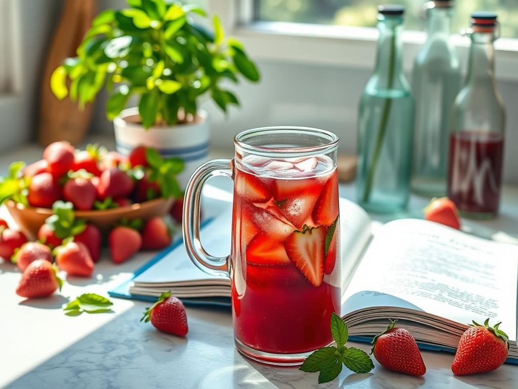 A vibrant, sun-drenched kitchen counter showcases an array of fresh strawberries, mint leaves, and assorted garnishes. In the foreground, a glass pitcher brims with a chilled, ruby-red strawberry and mint infused beverage, its surface glistening under soft, diffused lighting. The middle ground features an open recipe book, its pages adorned with handwritten notes and a sprinkling of powdered sugar. In the background, a verdant potted plant and a set of slender glass bottles allude to the customizable nature of this refreshing homemade drink. The overall scene conveys a sense of casual elegance, inviting the viewer to savor the delightful possibilities of personalized smoothie creation. Um balcão de cozinha vibrante e ensolarado exibe uma variedade de morangos frescos, folhas de hortelã e guarnições variadas. Em primeiro plano, uma jarra de vidro transborda com uma bebida gelada, vermelho-rubi, com infusão de morango e hortelã, cuja superfície brilha sob uma iluminação suave e difusa. No centro, um livro de receitas aberto, com páginas adornadas com anotações manuscritas e uma pitada de açúcar de confeiteiro. Ao fundo, um vaso de plantas verdejante e um conjunto de finas garrafas de vidro remetem à natureza personalizável desta refrescante bebida caseira. A cena geral transmite uma sensação de elegância casual, convidando o espectador a saborear as deliciosas possibilidades da criação de um smoothie personalizado.