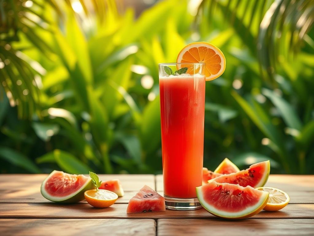 A vibrant tropical scene: A wooden table in the foreground, holding a tall glass filled with a vibrant red-orange liquid - a freshly blended watermelon and orange juice. Sliced citrus fruits and watermelon wedges surround the glass, their colors popping against the natural wood. In the middle ground, lush green foliage frames the scene, hinting at a verdant tropical setting. Warm, diffused sunlight filters through, casting a golden glow and gentle shadows. The overall mood is one of refreshment, vitality and the essence of a tropical summer. Uma cena tropical vibrante: Uma mesa de madeira em primeiro plano, com um copo alto cheio de um líquido vermelho-alaranjado vibrante – um suco de melancia e laranja recém-batidos. Frutas cítricas fatiadas e gomos de melancia circundam o copo, suas cores contrastando com a madeira natural. No centro, uma folhagem verdejante emoldura a cena, sugerindo um cenário tropical verdejante. A luz solar quente e difusa se filtra, projetando um brilho dourado e sombras suaves. O clima geral é de frescor, vitalidade e a essência de um verão tropical.
