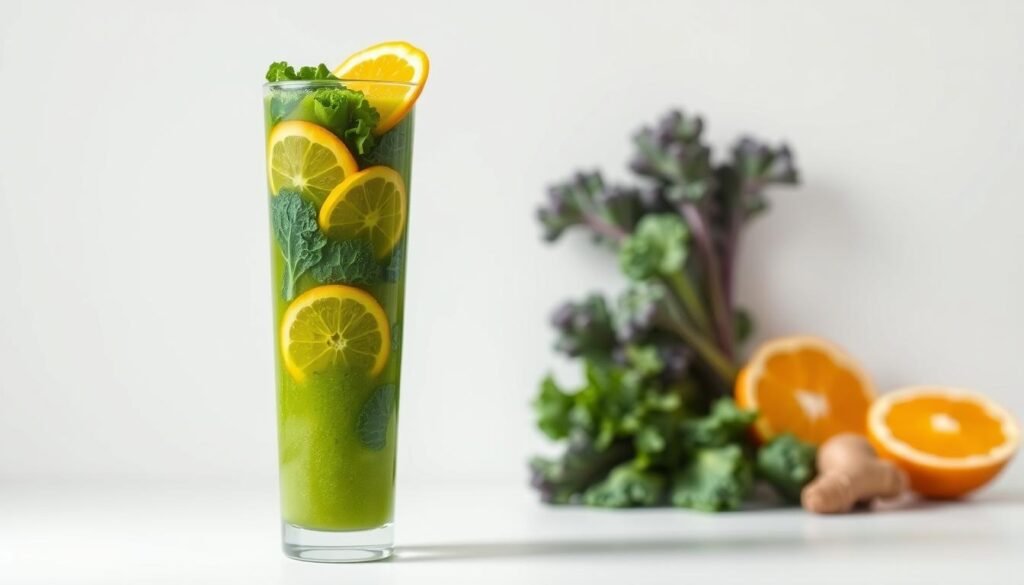 A vibrant, verdant image of a detox antioxidant smoothie against a clean, minimalist background. In the foreground, a tall glass filled with a lush, green liquid containing fresh, sliced ingredients like kale, orange wedges, and ginger root. Soft, diffused lighting illuminates the smoothie, highlighting its vivid colors and natural textures. The middle ground features a simple, white surface, allowing the focus to remain on the refreshing, nutrient-dense beverage. The background is a plain, white backdrop, creating a serene, uncluttered environment that emphasizes the healthy, rejuvenating qualities of the detox smoothie. A vibrant, verdant image of a detox antioxidant smoothie against a clean, minimalist background. In the foreground, a tall glass filled with a lush, green liquid containing fresh, sliced ingredients like kale, orange wedges, and ginger root. Soft, diffused lighting illuminates the smoothie, highlighting its vivid colors and natural textures. The middle ground features a simple, white surface, allowing the focus to remain on the refreshing, nutrient-dense beverage. The background is a plain, white backdrop, creating a serene, uncluttered environment that emphasizes the healthy, rejuvenating qualities of the detox smoothie.
