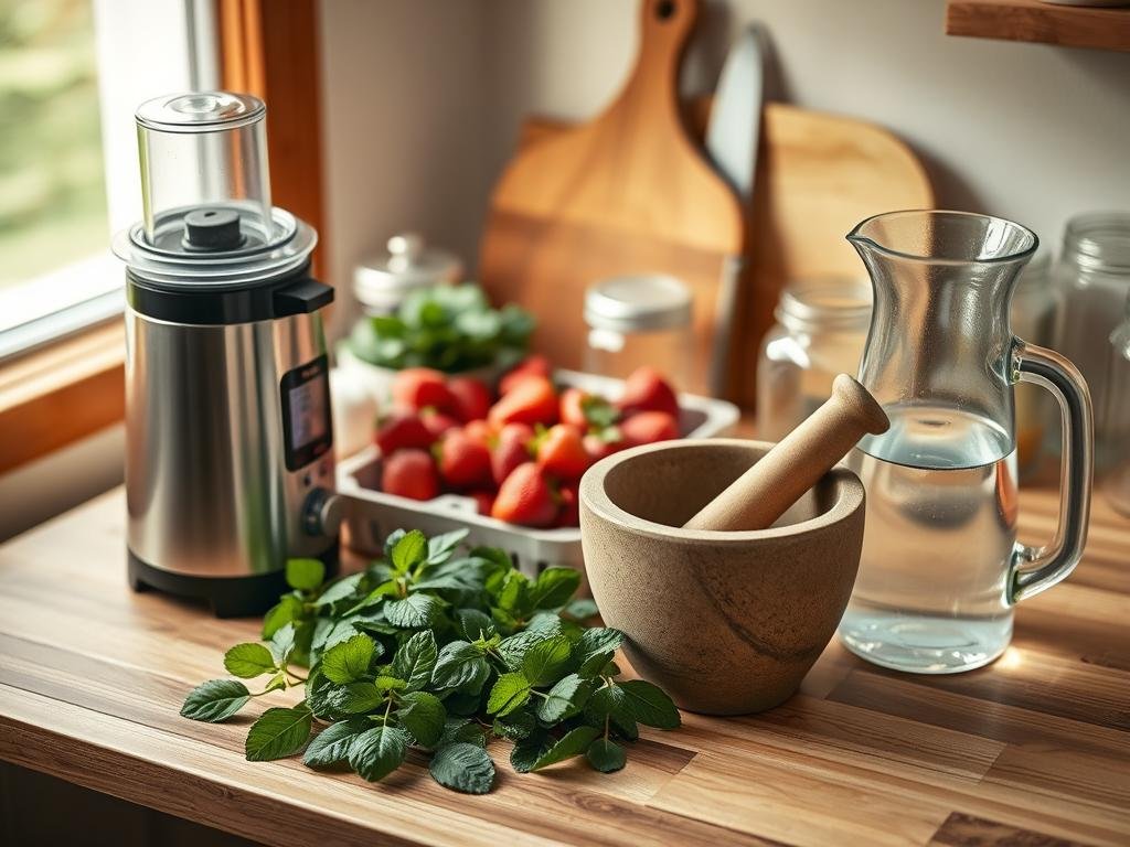 A well-lit, high-angle shot of an assortment of natural beverage preparation tools arranged on a wooden kitchen counter. In the foreground, a blender, juicer, and mortar and pestle stand out. In the middle ground, a bundle of fresh mint, a carton of strawberries, and a glass pitcher filled with water. Behind them, a cutting board, chef's knife, and glass jars for storage. Soft, diffused lighting from a window casts a warm glow, highlighting the textures and colors of the organic ingredients and equipment. The overall scene conveys a sense of healthy, homemade refreshment. Uma tomada bem iluminada, de ângulo alto, de uma variedade de utensílios para preparo de bebidas naturais dispostos sobre um balcão de madeira da cozinha. Em primeiro plano, destacam-se um liquidificador, um espremedor de frutas e um pilão. No centro, um maço de hortelã fresca, uma caixa de morangos e uma jarra de vidro cheia de água. Atrás deles, uma tábua de corte, uma faca de cozinha e potes de vidro para armazenamento. A iluminação suave e difusa de uma janela emite um brilho aconchegante, realçando as texturas e cores dos ingredientes e equipamentos orgânicos. A cena geral transmite uma sensação de refresco caseiro e saudável.