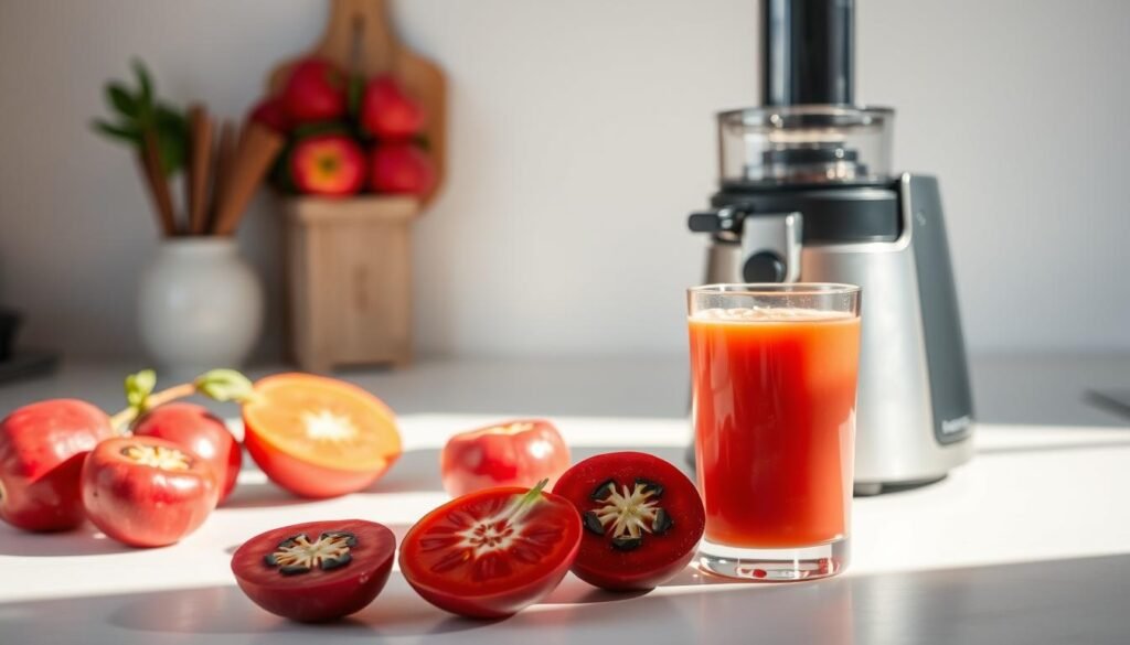 A well-lit kitchen counter with a variety of fresh acerola fruits, a juicer, and a glass filled with a vibrant red-orange liquid. The scene has a clean, natural aesthetic, with soft shadows and warm lighting highlighting the textures and colors of the ingredients. In the foreground, the juicer is positioned invitingly, ready to transform the acerola into a nourishing, creamy beverage. The background features a minimalist, uncluttered space, allowing the preparation process to be the focal point. The overall mood is one of simplicity, wholesome goodness, and the joy of creating a homemade, vitamin-rich acerola juice. Uma bancada de cozinha bem iluminada com uma variedade de frutas de acerola frescas, um espremedor e um copo cheio de um líquido vibrante vermelho-alaranjado. A cena possui uma estética limpa e natural, com sombras suaves e iluminação quente que destaca as texturas e cores dos ingredientes. Em primeiro plano, o espremedor está posicionado de maneira convidativa, pronto para transformar a acerola em uma bebida nutritiva e cremosa. O fundo apresenta um espaço minimalista e despojado, permitindo que o processo de preparação seja o ponto focal. O clima geral é de simplicidade, bondade saudável e a alegria de criar um suco de acerola caseiro, rico em vitaminas.