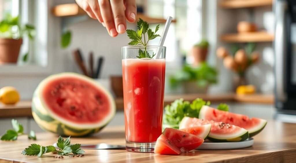 Gere uma imagem de um suco de melancia, gengibre e linhaça sendo preparado em uma cozinha saudável. Gere uma imagem de um suco de melancia, gengibre e linhaça sendo preparado em uma cozinha saudável.
